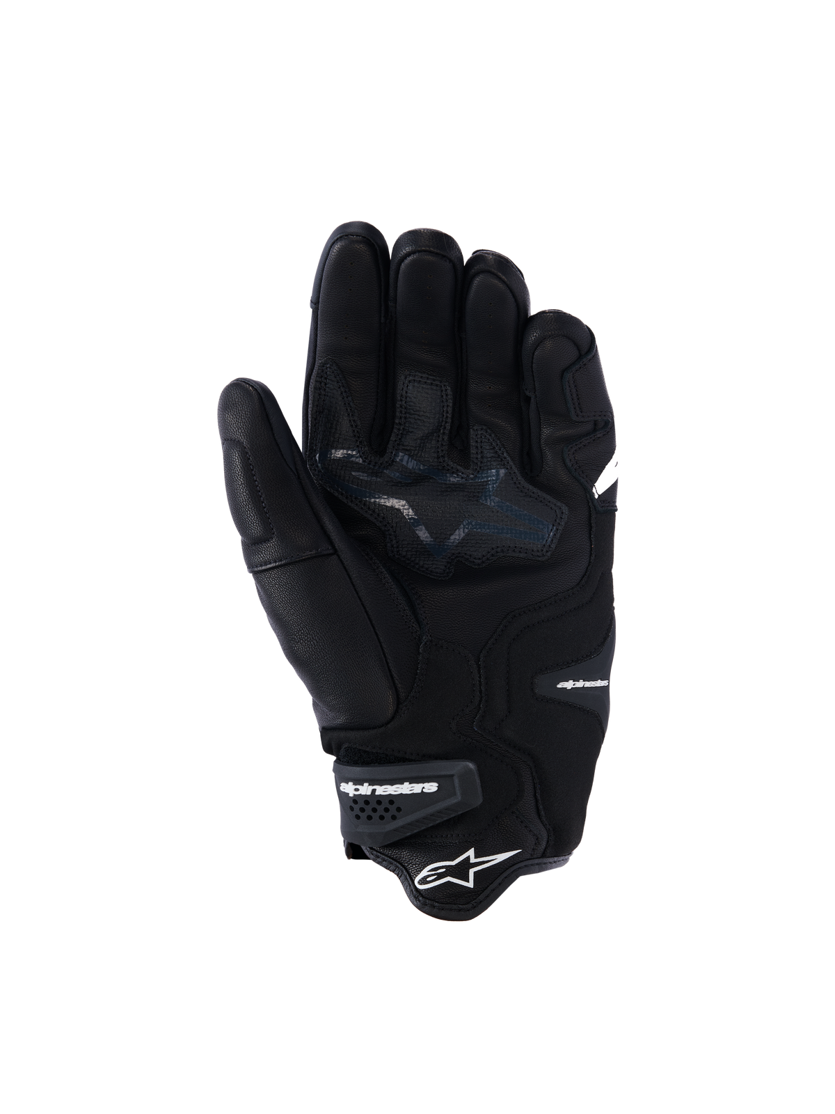 Alpinestars SP-R Tech Handschuhe, schwarze Motorradhandschuhe aus Leder, Handflächenansicht mit verstärkten Griffzonen und Stern-Logo, elastisches Handgelenk mit Alpinestars-Branding, sportliche Fahrausrüstung aus Ziegenleder