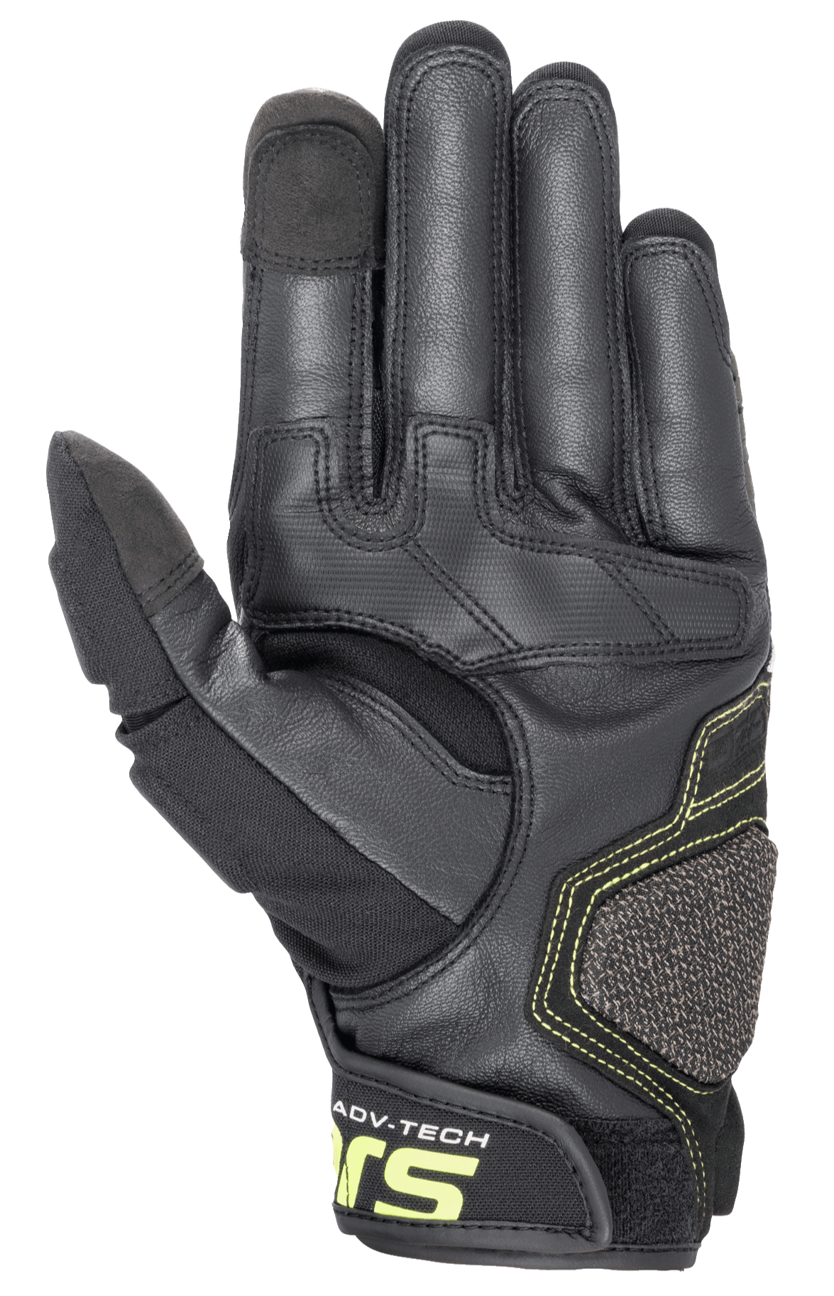 Alpinestars Halo Lederhandschuhe, Adventure-Motorradhandschuhe, Forest Black und Yellow Fluo, Ansicht der Handfläche zeigt die verstärkte Lederkonstruktion, fluoreszierende gelbe Nähte sowie Touchscreen-kompatible Zeigefinger- und Daumenspitzen.