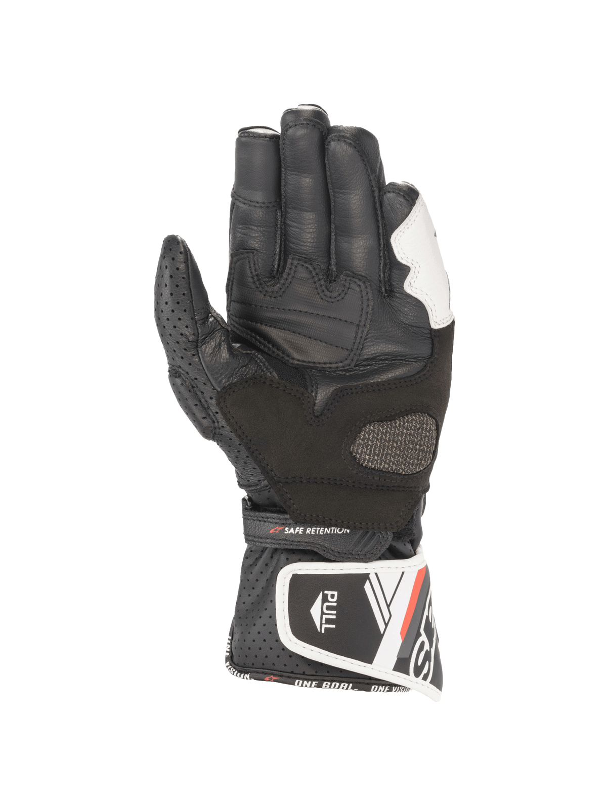 Alpinestars Stella SP-8 V3 Damen-Leder-Motorradhandschuhe, Schwarz und Weiß, Handflächenansicht mit verstärktem Grip.