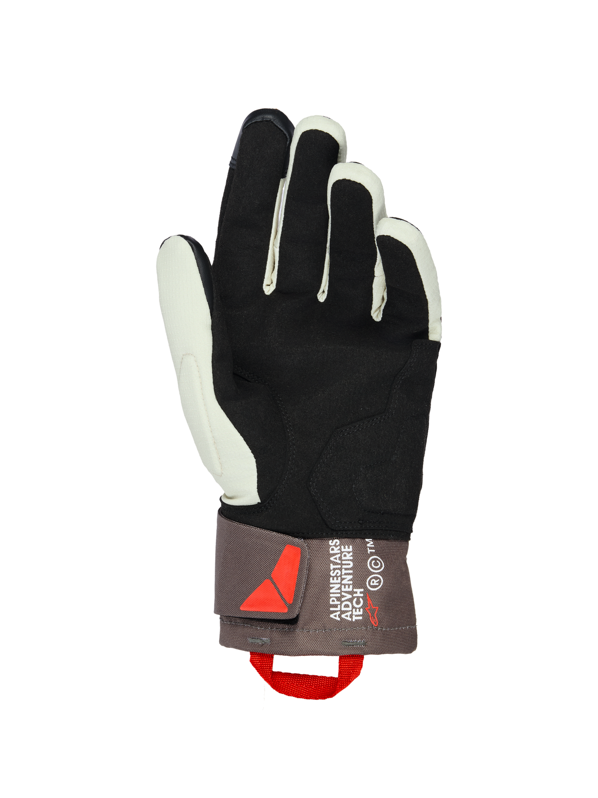 Alpinestars XT-3 Drystar® Isolierhandschuhe, Ansicht der Handfläche, Dunkelbraun, Sand und Schwarz, mit weicher Wildleder-Handfläche für Griffigkeit, mittellange Manschette mit Alpinestars Adventure Tech Branding, roter Anziehschlaufe und Klettverschluss, Adventure-Motorradausrüstung