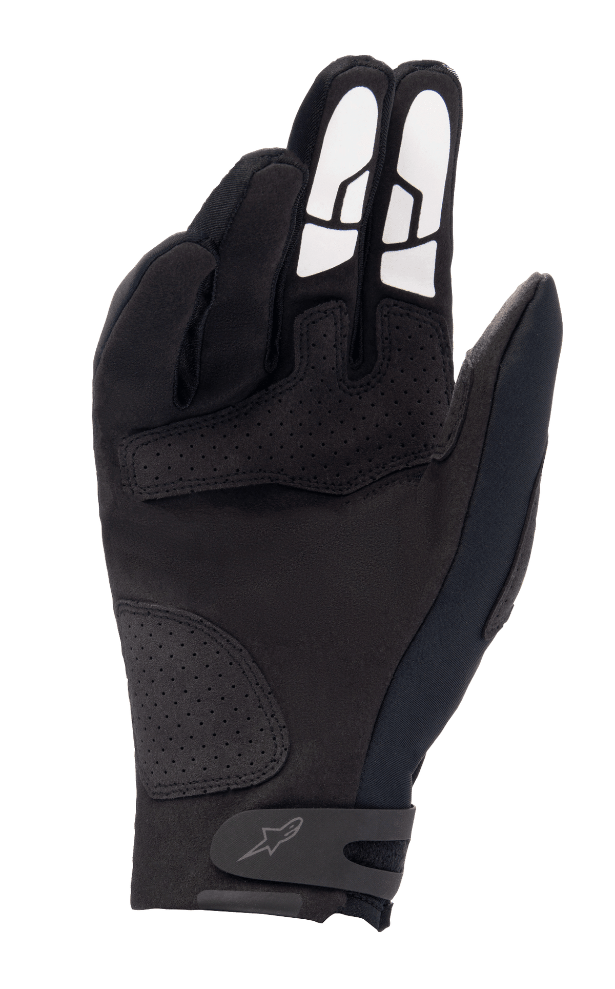 Alpinestars Thermo Shielder Handschuhe, schwarze Motocross-Handschuhe, Handflächenansicht mit synthetischem Wildleder, perforierten Verstärkungen, weißen Silikon-Grip-Mustern an den Fingern und sicherem Handgelenkverschluss mit Logo.