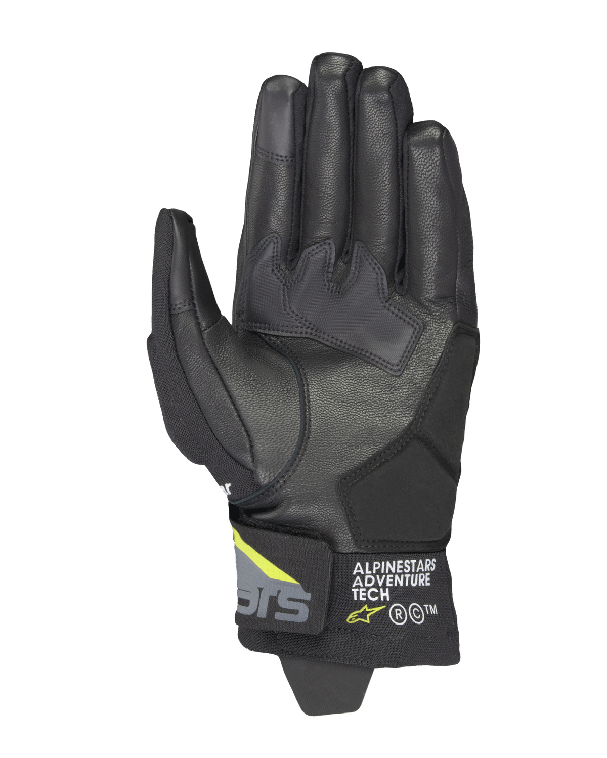 Alpinestars Corozal V3 Drystar® Handschuhe, Schwarz, Dunkelgrau und Gelb Fluo, Handflächenansicht mit Lederkonstruktion und synthetischen Verstärkungen, Touchscreen-kompatible Fingerspitzen und Alpinestars Adventure Tech Branding an der kurzen Stulpe.
