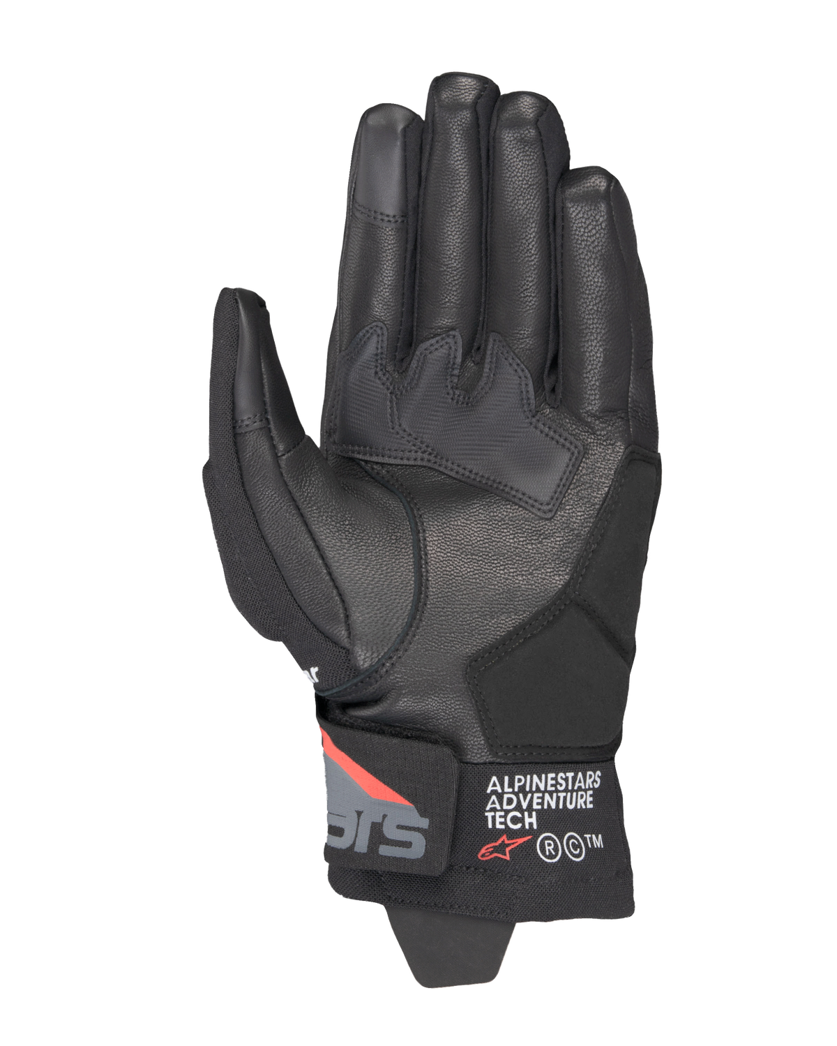 Alpinestars Corozal V3 Drystar® Handschuhe, Schwarz, Dunkelgrau, Leuchtrot, Handflächenansicht mit Lederkonstruktion, synthetischen Handflächenverstärkungen und kurzem Bündchen mit Alpinestars Adventure Tech Branding