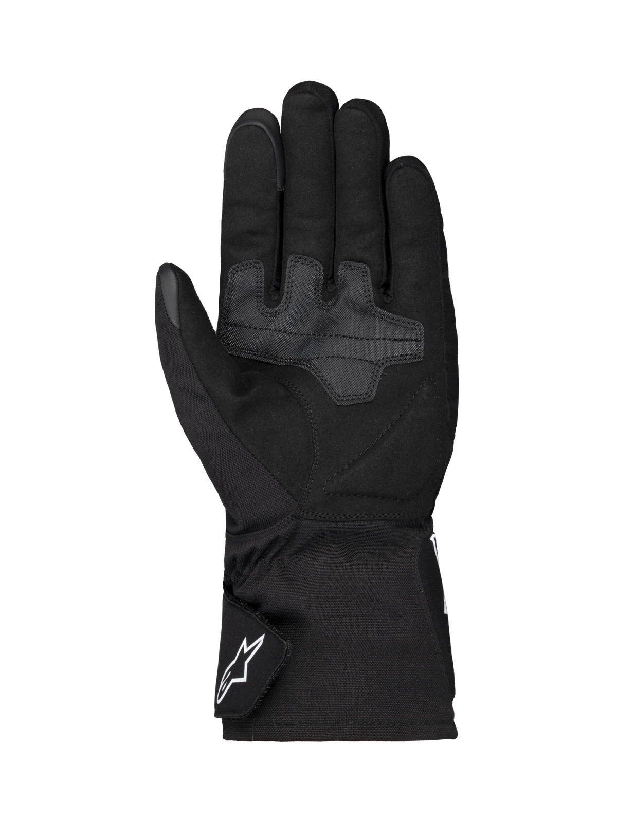 Alpinestars Wt-1 Drystar® Insulated Gloves, Motorcycle Gloves, Black, palm view featuring reinforced textile grip areas, long cuff with white Alpinestars logo on the strap, weather-resistant construction for road riding