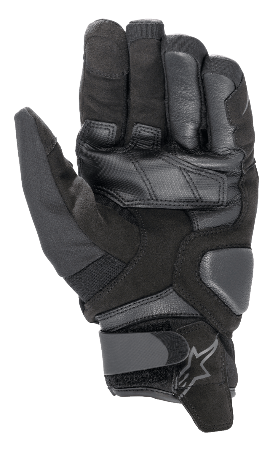 Alpinestars SMX-1 Drystar® Gloves, Motorcycle Gloves, Black Black, palm view showing synthetic suede construction, leather reinforcements, padded landing zones, and adjustable wrist closure with logo