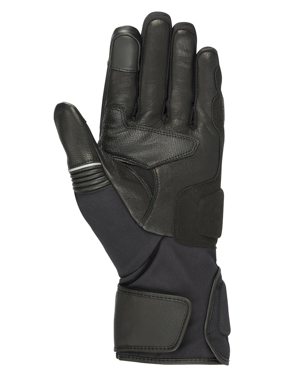 Alpinestars Jet Road V2 GORE-TEX Handschuhe, Schwarz, Handflächenansicht mit Lederkonstruktion und verstärkter Polsterung, lange Stulpe, Touchscreen-kompatible Fingerspitzen für Adventure-Touring