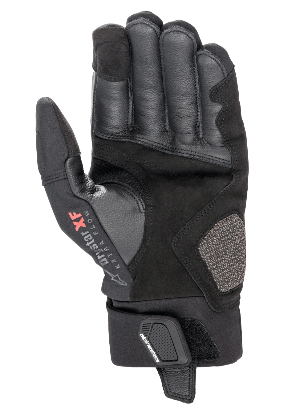 Alpinestars Hyde XT Drystar® XF Handschuhe, Motorradhandschuhe, Schwarz, Handflächenansicht mit verstärktem Kunstwildleder und Lederstruktur, Drystar XF Extra Flow Logo auf dem Daumen, mittellange Manschette mit sicherem Handgelenkverschluss, Adventure-Touring-Design