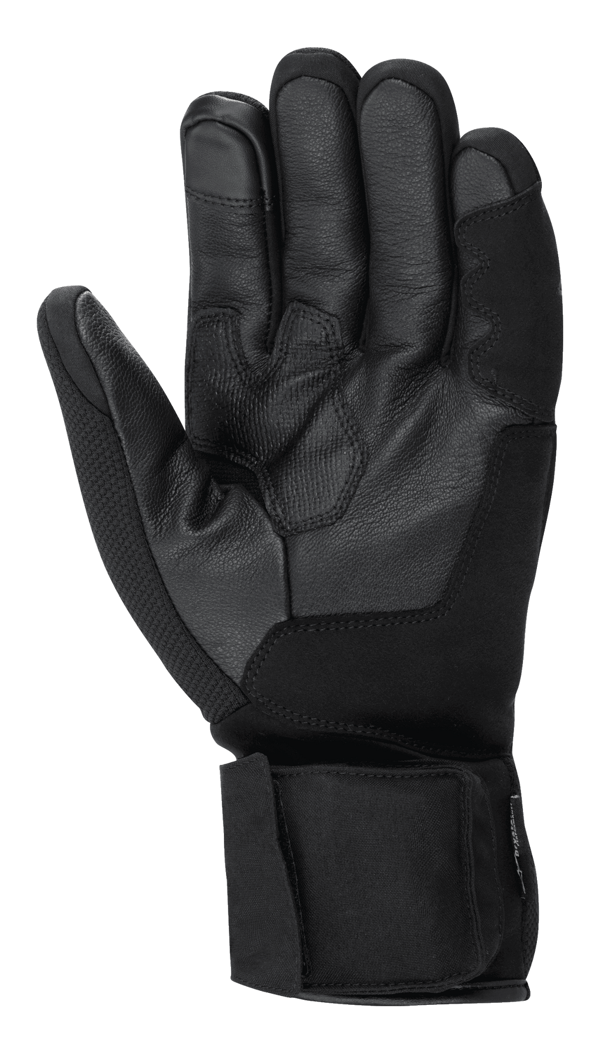 Alpinestars HT-3 Heat Tech Drystar® Handschuhe, schwarze Motorradhandschuhe, Handflächenansicht mit Ziegenlederkonstruktion, strukturierter Grip auf Handfläche und Daumen, verstellbarer Klettverschluss, Touchscreen-kompatibler Zeigefinger, Winter-Tourenausrüstung
