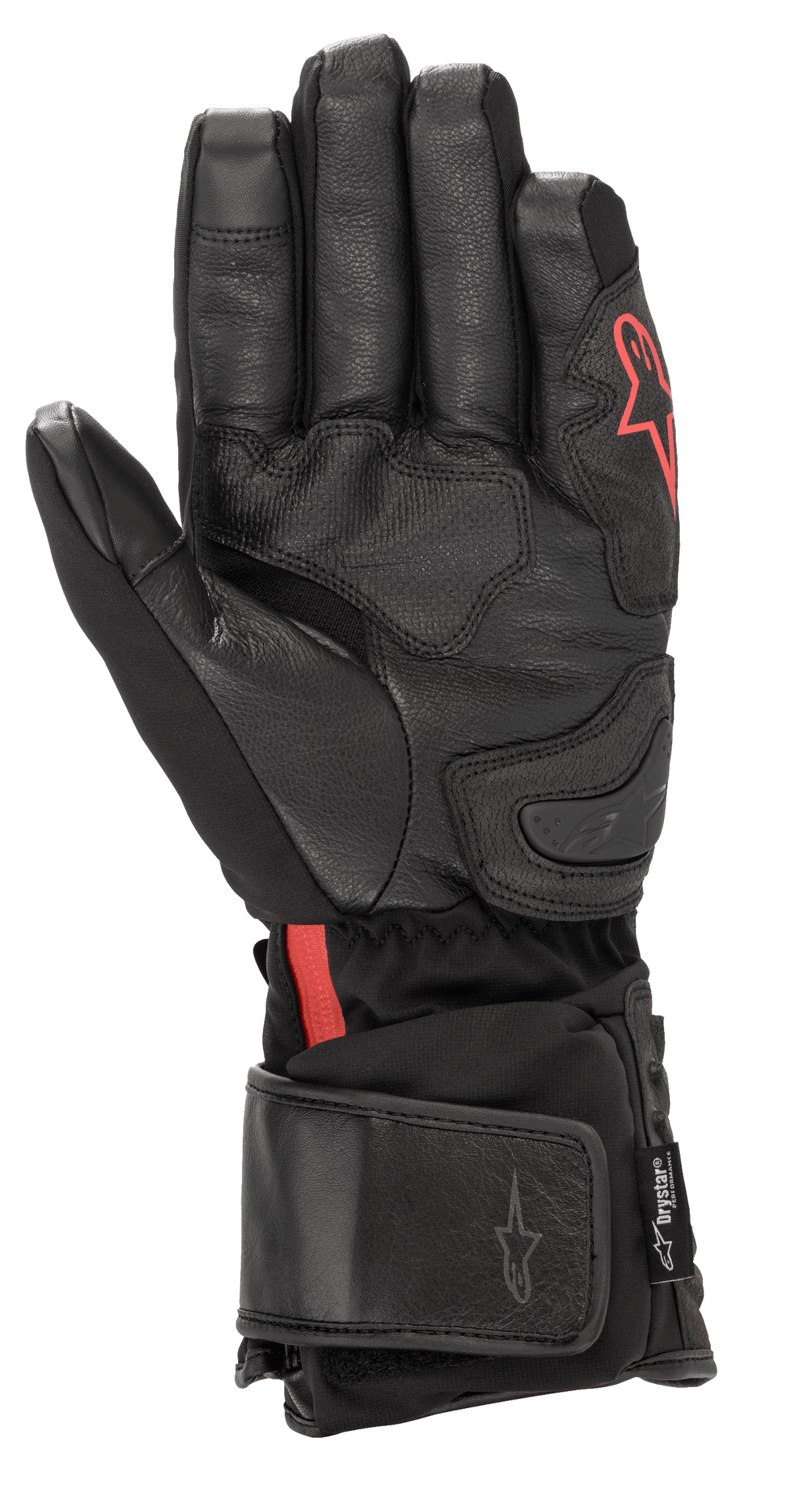 Alpinestars HT-7 Heat Tech Drystar® Handschuhe, schwarze beheizbare Motorradhandschuhe, mit Lederhandfläche und Softshell-Konstruktion mit rotem Alpinestars-Logo, wasserdichter Drystar®-Technologie und verstellbarer Manschette für Straßenfahrten bei kaltem Wetter