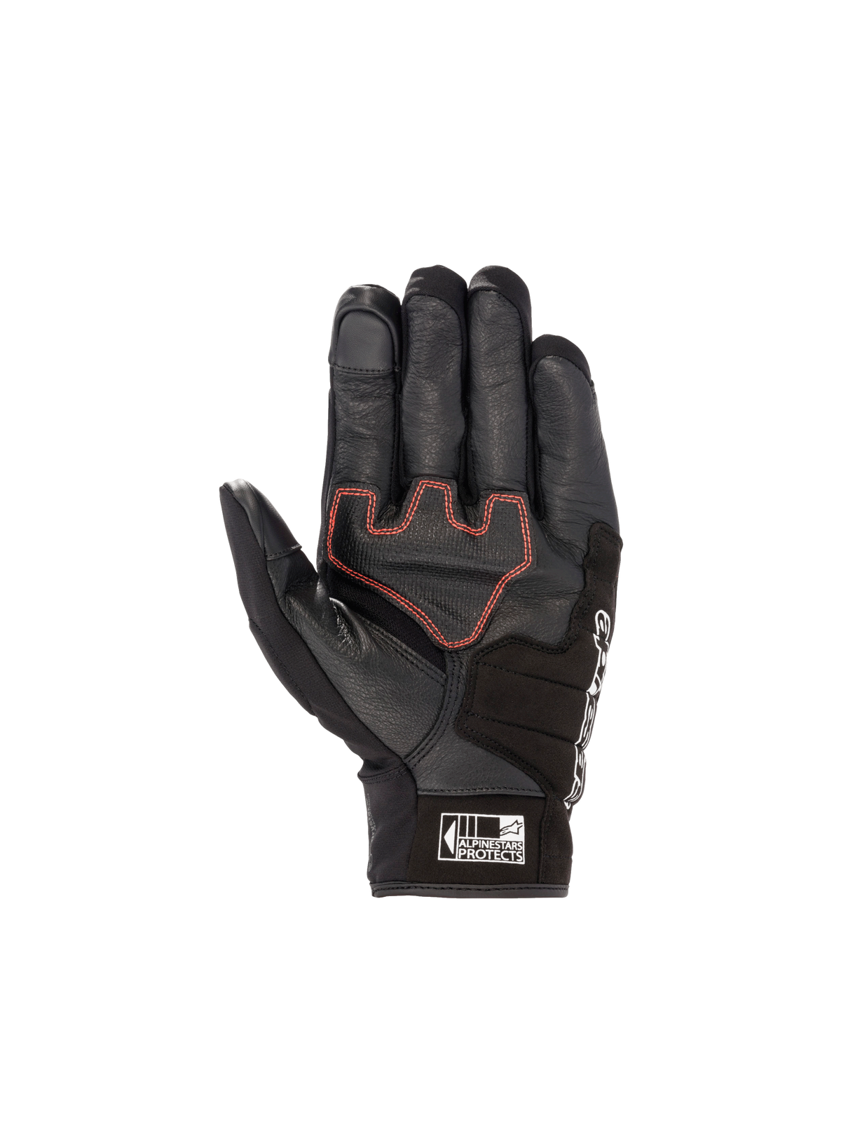 Honda SMX Z Drystar® Handschuhe, Motorradhandschuhe, Schwarz und Hellrot, wasserdichtes Ziegenleder, Handflächenansicht mit Verstärkung und Alpinestars Protects Logo am Handgelenk