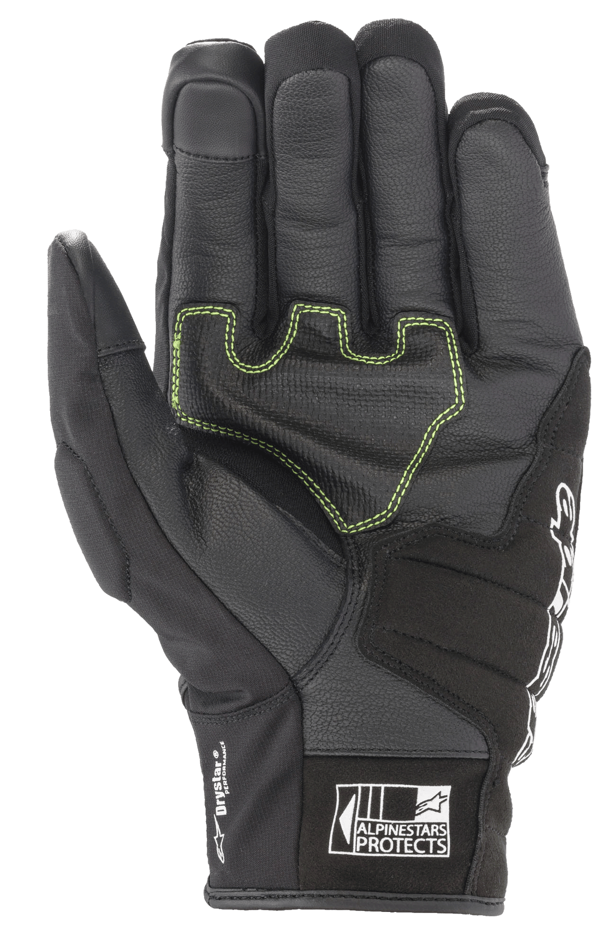 Alpinestars SMX Z Drystar® Handschuhe, schwarze Motorradhandschuhe, Handflächenansicht mit neongrünen Kontrastnähten auf verstärktem Leder, 'Drystar Performance'-Branding an der Seite und 'Alpinestars Protects'-Logo auf der Manschette