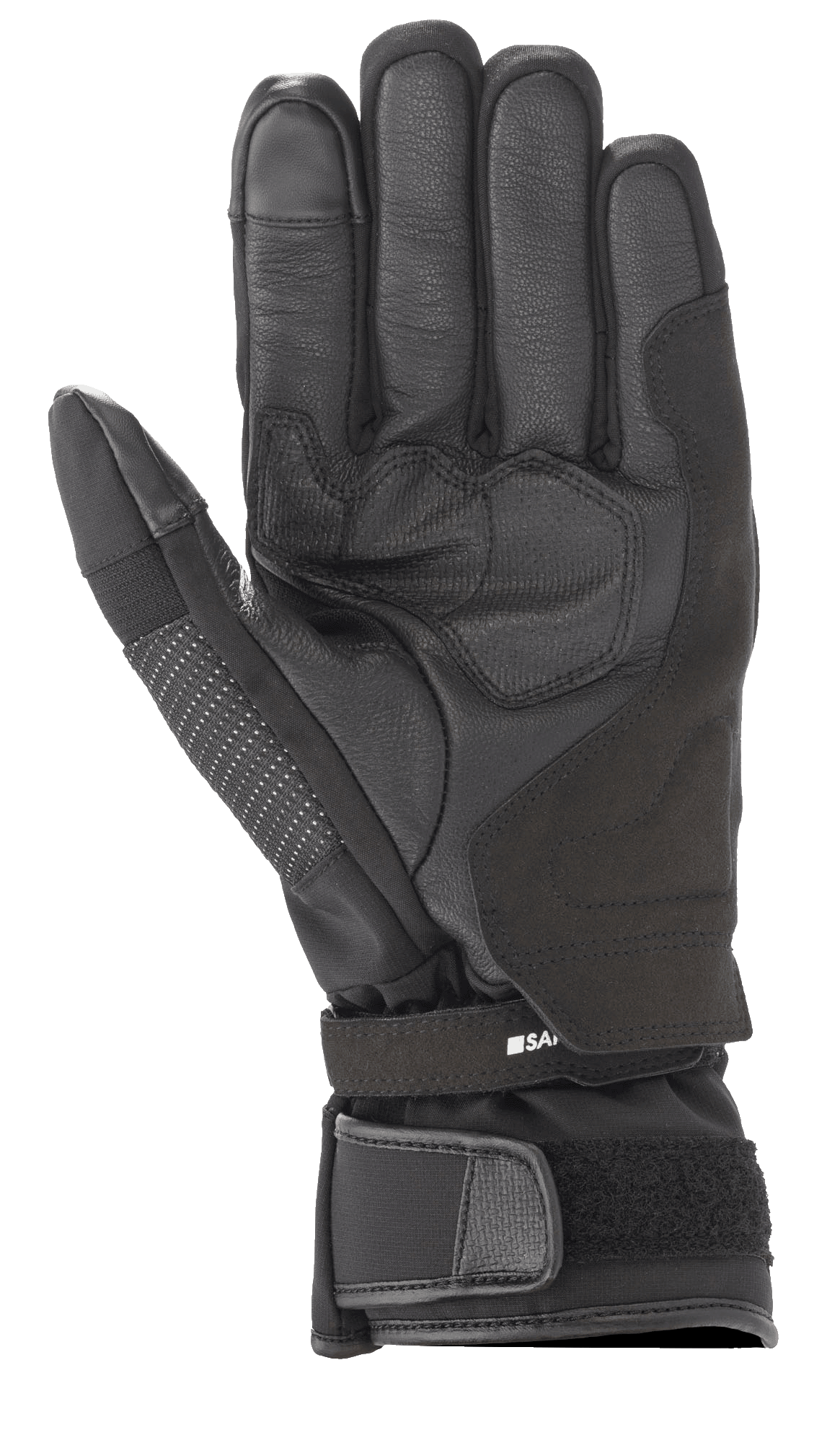 Alpinestars Andes V3 Drystar® Handschuh, schwarzer Motorradhandschuh, Handflächenansicht mit Ziegenleder- und Textilkonstruktion, verstärkter Handflächenbereich, verstellbarer Handgelenksriemen mit Klettverschluss, technisches Allwetter-Touring-Design