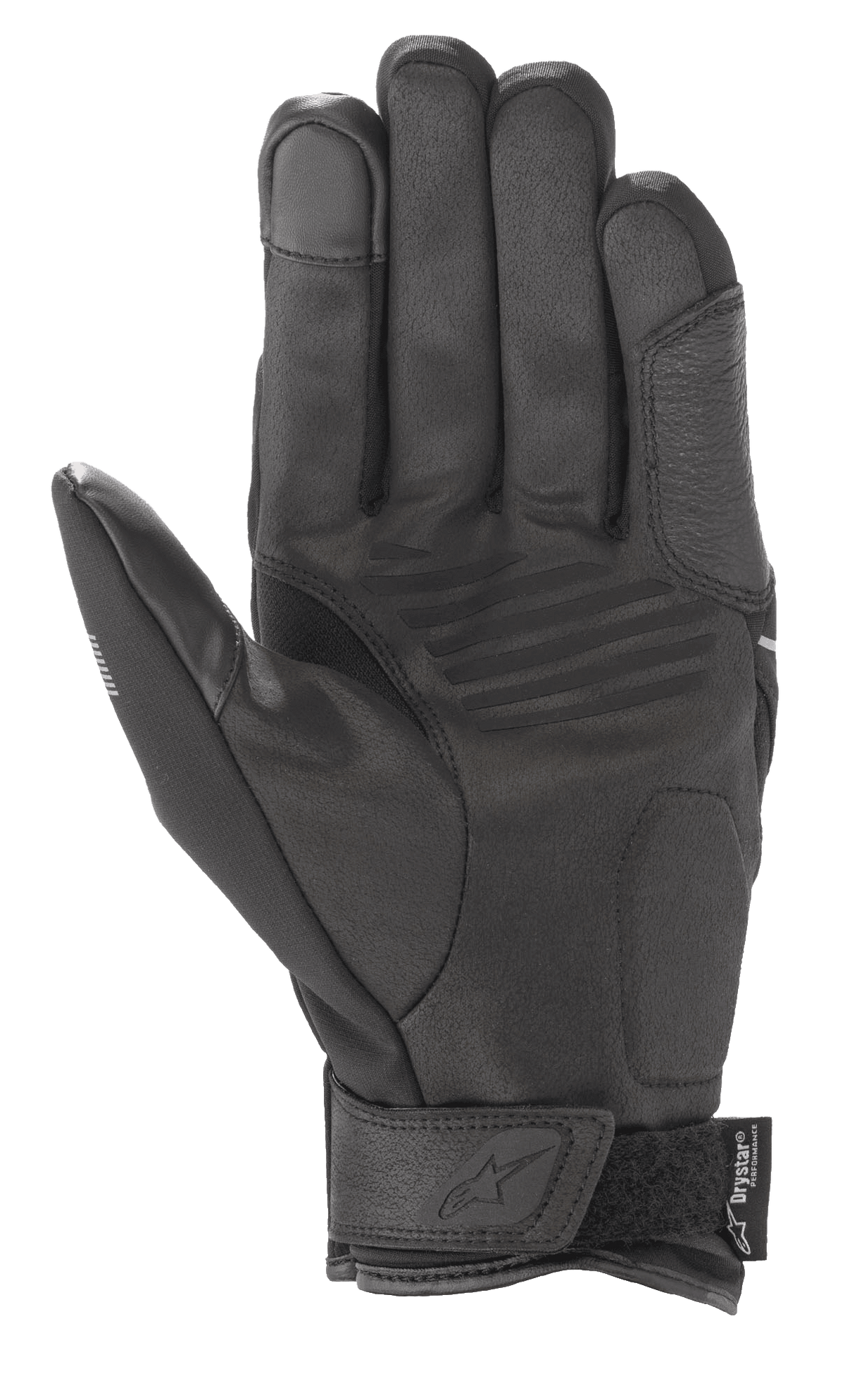 Alpinestars Syncro V2 Drystar® Handschuhe, Urbane Motorradhandschuhe, Schwarz Mittelgrau, Handflächenansicht mit Konstruktion aus synthetischem Wildleder, gepolsterten Verstärkungen, Touchscreen-kompatibler Fingerspitze und Klettverschluss am Handgelenk mit Alpinestars-Branding.
