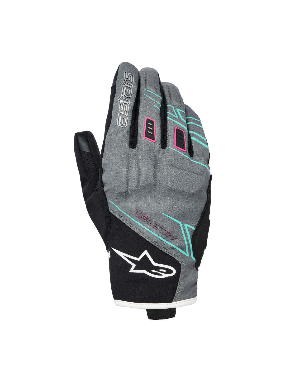 Alpinestars Stella Moblast Waterproof Gloves, Women's Motorcycle Gloves, Fur Gray and Black with Pink and Turquoise Accents, short-cuff design featuring MO.ST.EQ. branding, textile construction with protective knuckle padding and white Alpinestars logo