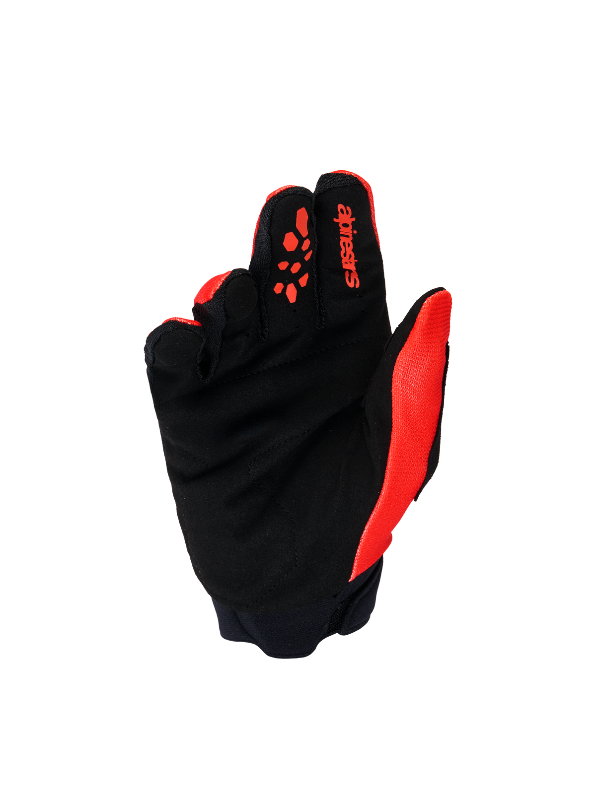 Alpinestars Full Bore V2 Handschuhe für Kinder & Jugendliche, Motocross-Handschuhe, Hellrot und Schwarz, Innenansicht der Handfläche mit verstärktem schwarzem synthetischem Wildleder und roten Silikon-Grip-Mustern auf den Fingern, strapazierfähige Offroad-Ausrüstung für junge Fahrer.