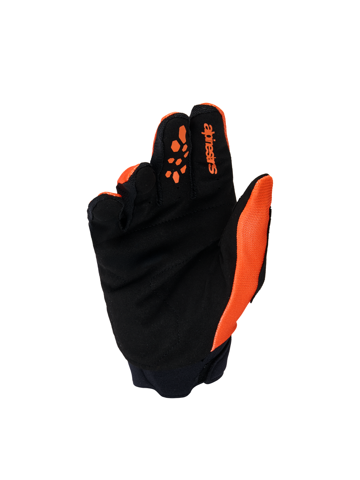 Alpinestars Jugend & Kinder Full Bore V2 Handschuhe, Motocross-Handschuhe, Orange und Schwarz, Handflächenansicht mit verstärktem synthetischem Wildleder, Silikondrucken an den Fingern für optimale Hebelkontrolle und Alpinestars-Branding auf dem Zeigefinger.