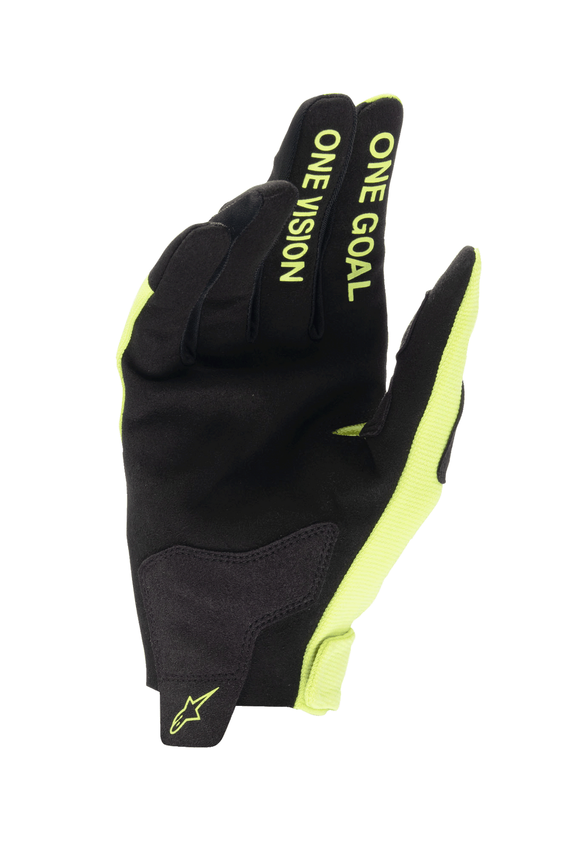 Alpinestars Jugend 2024 Radar Handschuhe, Motocross-Handschuhe, Schwarz und Gelb Fluo, Handflächenansicht mit synthetischer Wildlederkonstruktion, „ONE GOAL ONE VISION“-Schriftzug auf den Fingern, strapazierfähiges Design für Offroad-Rennsport