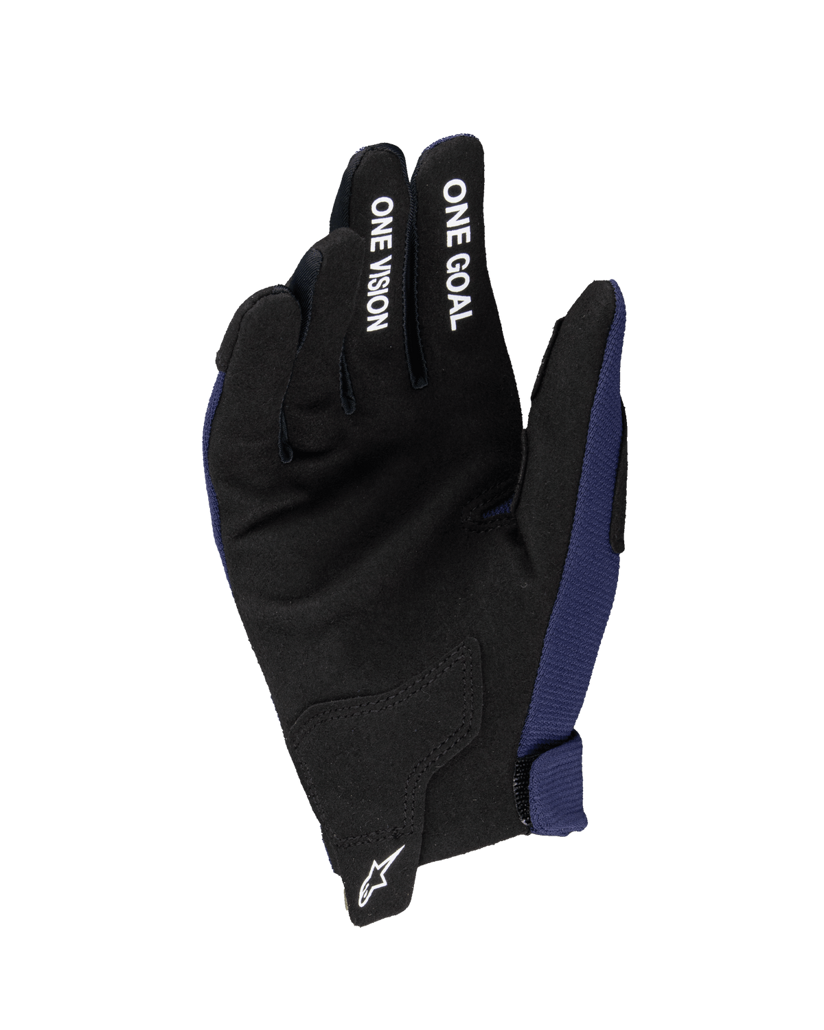 Alpinestars 2025 Youth Radar Handschuhe, Motocross-Handschuhe, Night Navy und Schwarz, mit Handfläche aus synthetischem Wildleder, weißem 'ONE GOAL' und 'ONE VISION' Text auf den Fingern, weißem Astars-Logo am Handgelenk, einlagige Konstruktion für Offroad-Fahrten