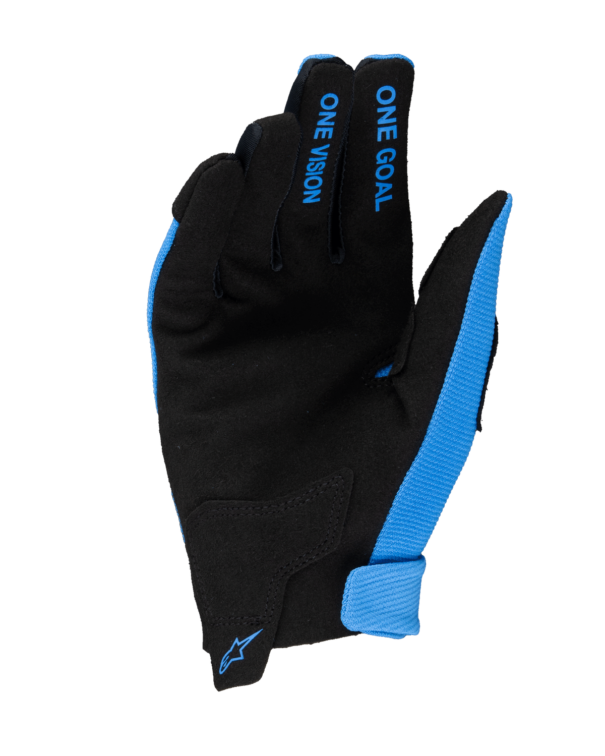 Alpinestars 2025 Youth Radar Handschuhe, Motocross-Handschuhe, Blau und Schwarz, Handflächenansicht mit synthetischer Wildlederkonstruktion, blauer „ONE GOAL“- und „ONE VISION“-Schriftzug auf den Fingern, kleines blaues Alpinestars-Logo am Handgelenkverschluss