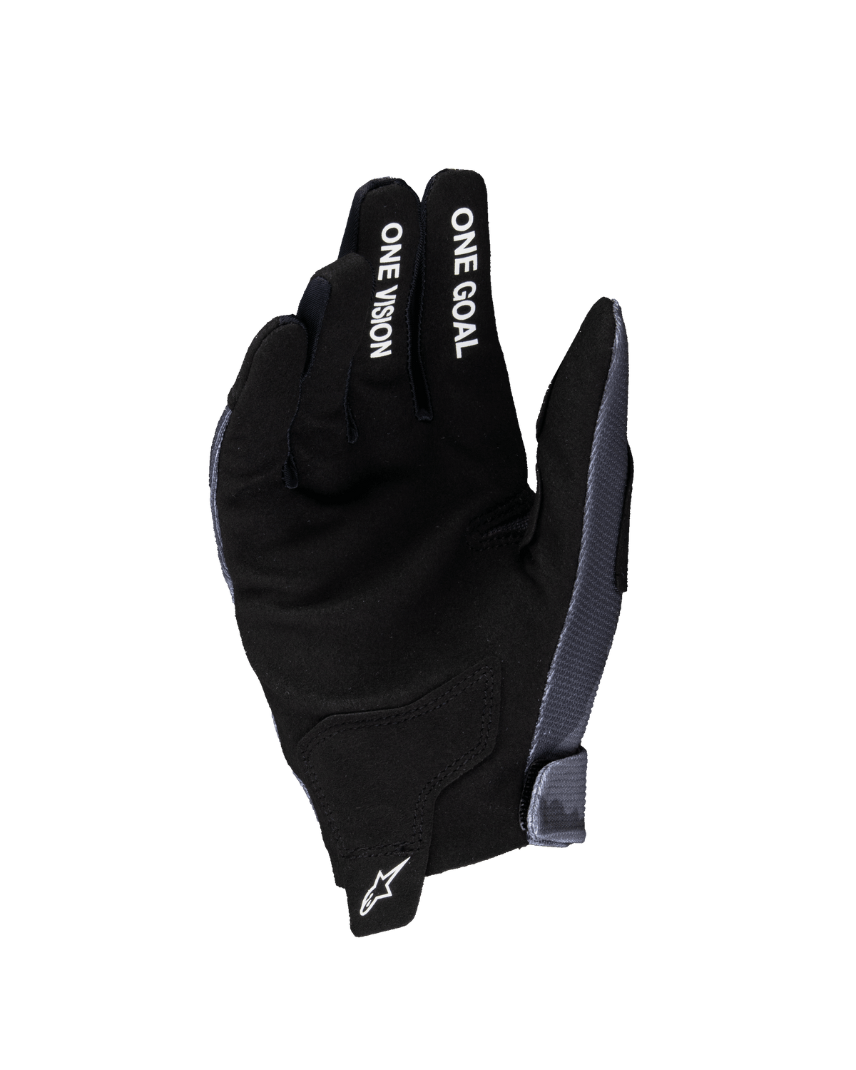 Alpinestars 2025 Youth Radar Handschuhe, Motocross-Handschuhe, Grau und Schwarz, Handflächenansicht mit synthetischem Wildledermaterial, weißer „ONE GOAL“ und „ONE VISION“ Text auf den Fingern, weißes Stern-Logo auf der Zuglasche, spezialisiert auf Offroad-Rennsport für Jugendliche