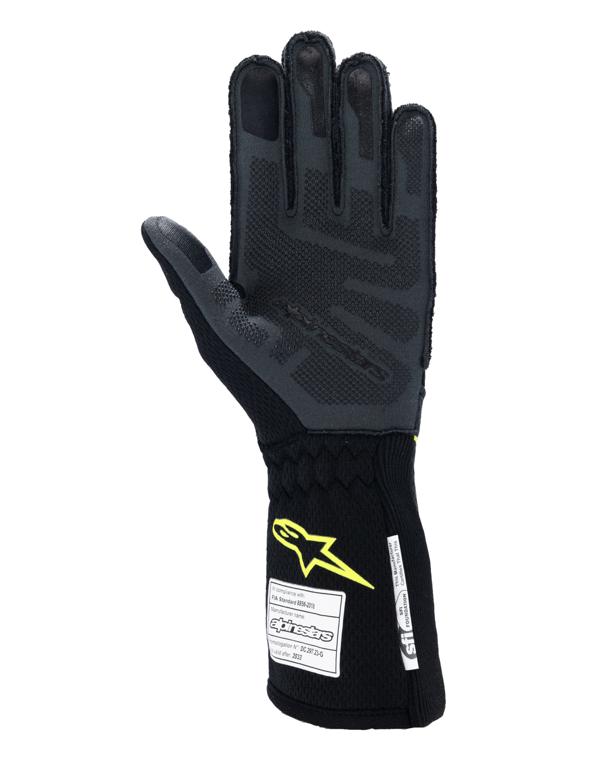 Alpinestars Tech-1 ZX V4 Handschuhe, Auto-Rennhandschuhe, Tar Gray und Schwarz mit gelbem Fluo-Logo, Handflächenansicht mit strukturierter 3D-Silikon-Grifffläche und FIA/SFI-Sicherheitszertifizierungs-Etiketten, professionelle Motorsportausrüstung