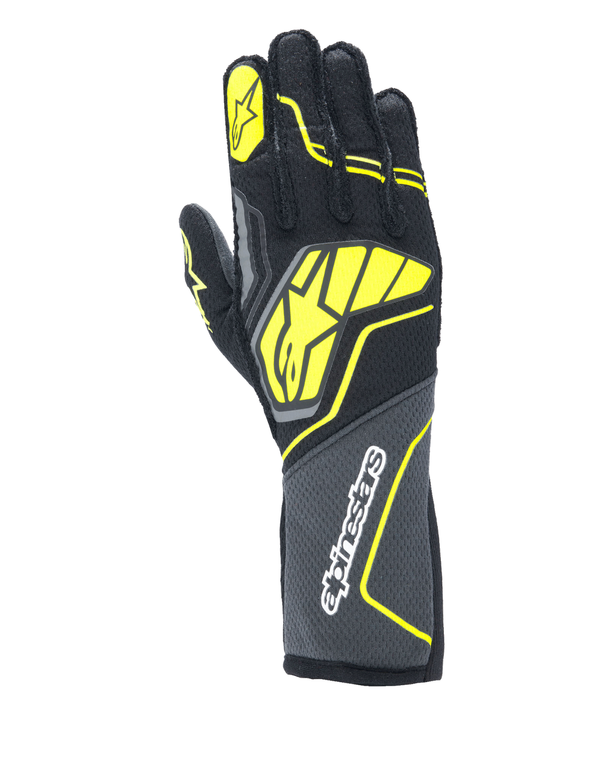 Alpinestars Tech-1 ZX V4 Handschuhe, Auto-Rennhandschuhe, Tar Gray, Schwarz und Gelb Fluo, mit großem gelbem Stern-Logo auf dem Handrücken und weißem Branding an der Manschette, wabenförmig strukturiertes Gewebe mit eckigen Neon-Akzenten, professionelle Motorsportausrüstung