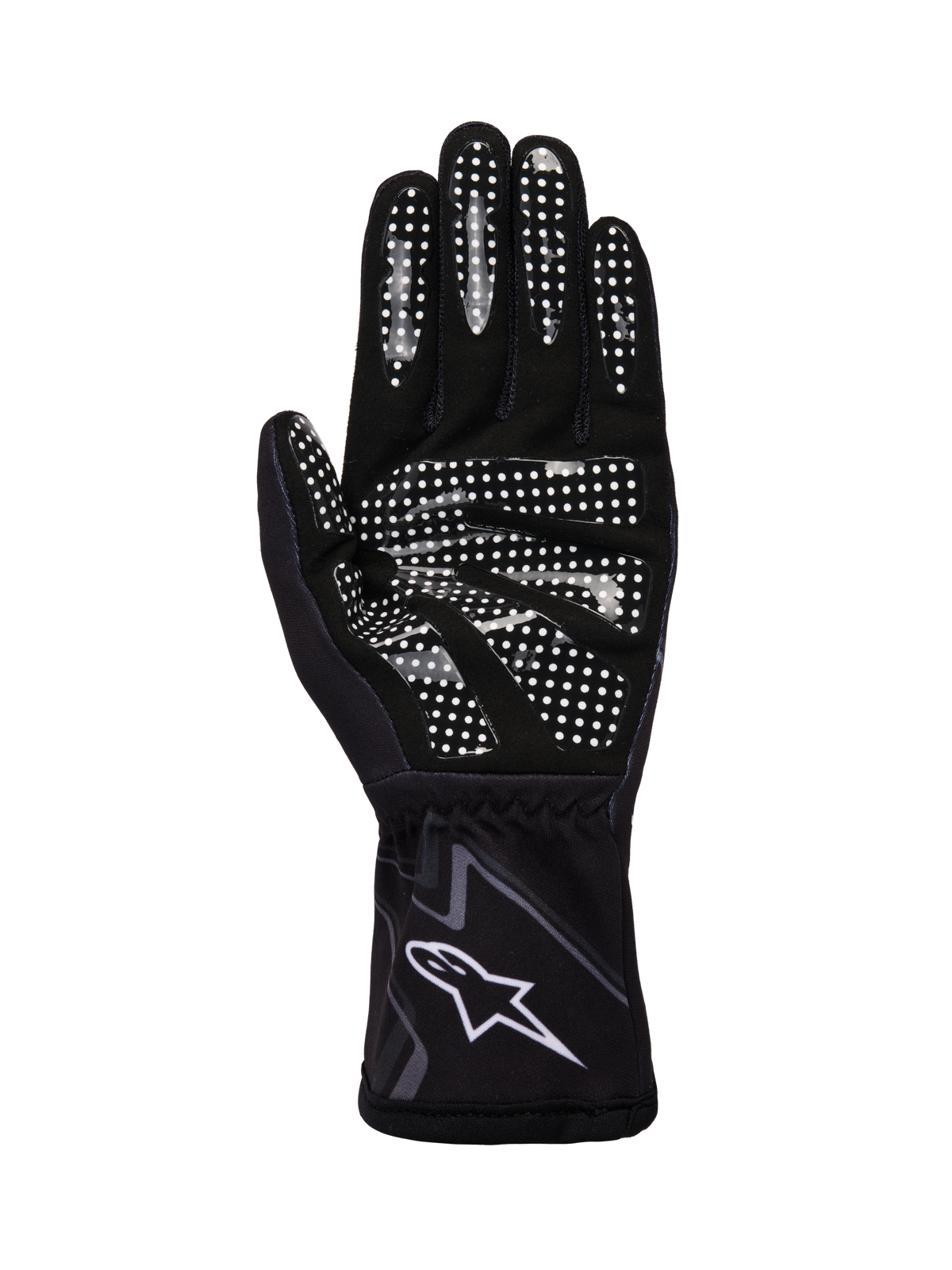 Alpinestars Tech-1 K Race V2 Handschuhe Graphic 1, Karting-Handschuhe, Schwarz, Teergrau und Weiß, Handflächenansicht mit weißem Silikon-Gripmuster und Alpinestars-Logo an der Manschette.