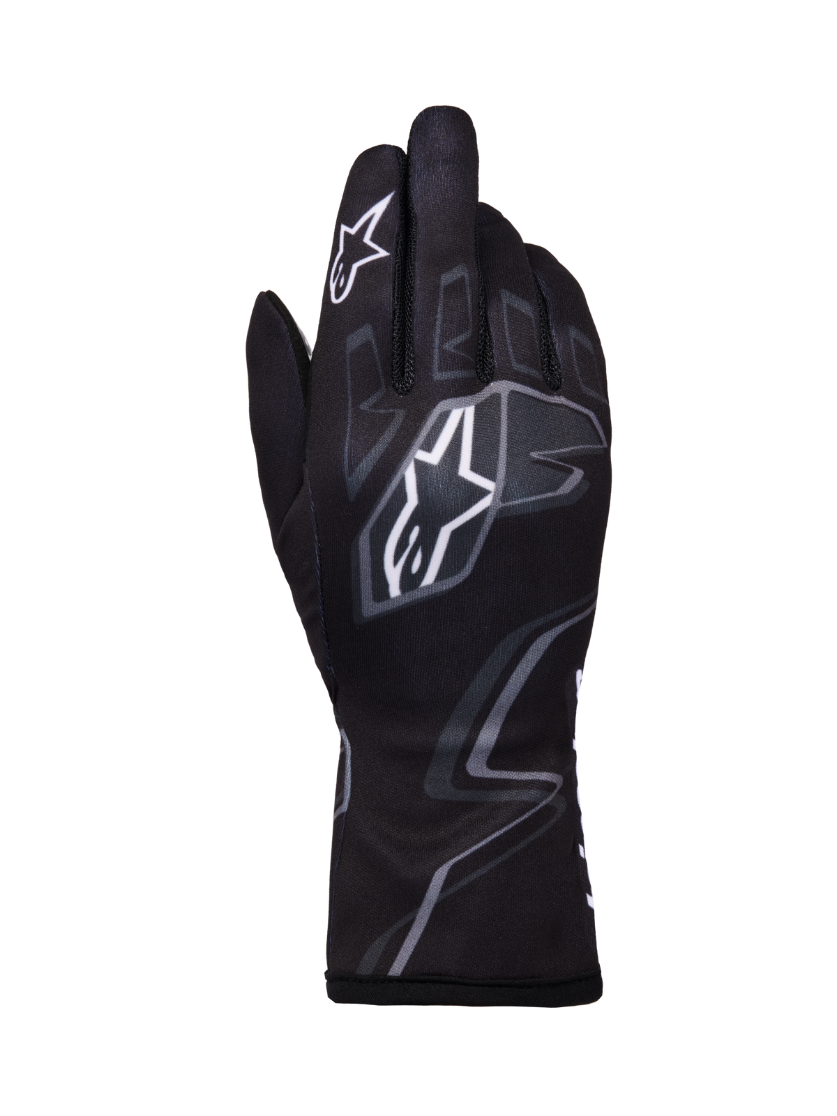 Alpinestars Tech-1 K Race V2 Handschuhe Graphic 1, Karting-Rennhandschuhe, Schwarz mit weißen und grauen geometrischen Mustern, mit Alpinestars Stern-Logo, leichte Textilkonstruktion mit gedruckten Grafiken