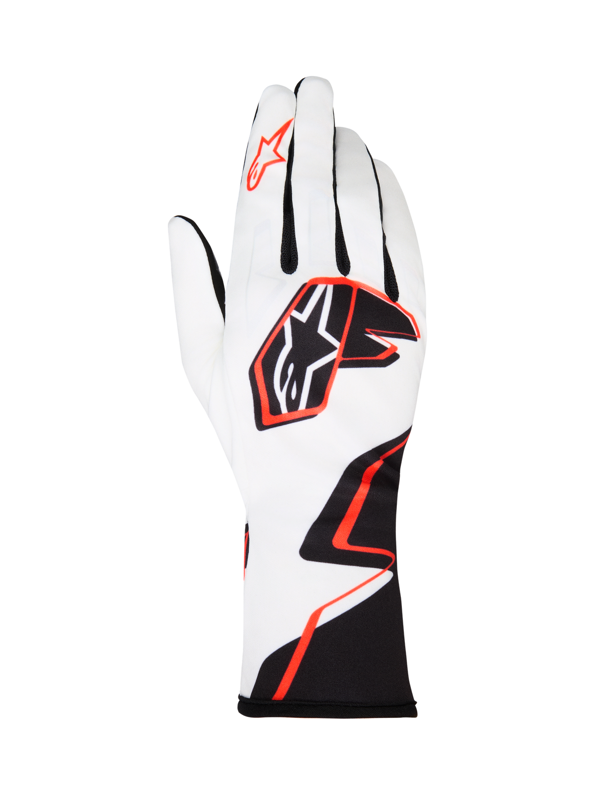 Alpinestars Tech-1 K Race V2 Graphic 1 Handschuhe, Karthandschuhe, Weiß mit schwarzem und leuchtend orangem geometrischem Design, mit dem Alpinestars Stern-Logo auf dem Handrücken und Zeigefinger, leichtes, atmungsaktives Textil mit verlängerter Stulpe