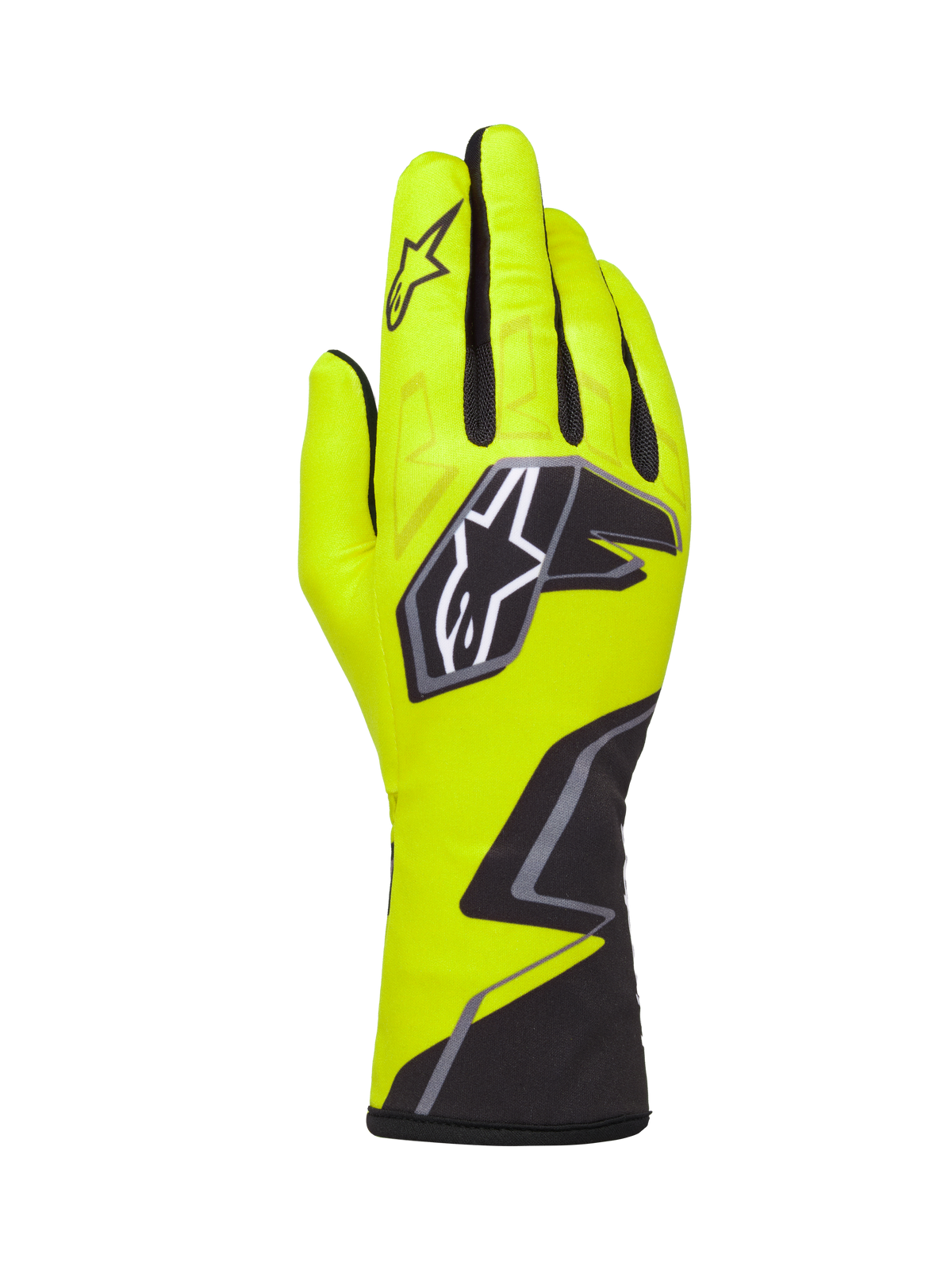 Alpinestars Tech-1 K Race V2 Handschuhe Graphic 1, Kart-Rennhandschuhe, Gelb Fluo, Schwarz und Weiß, mit großem Sternenlogo auf dem Handrücken und geometrischem Muster am Handgelenk, professionelle Motorsportausrüstung