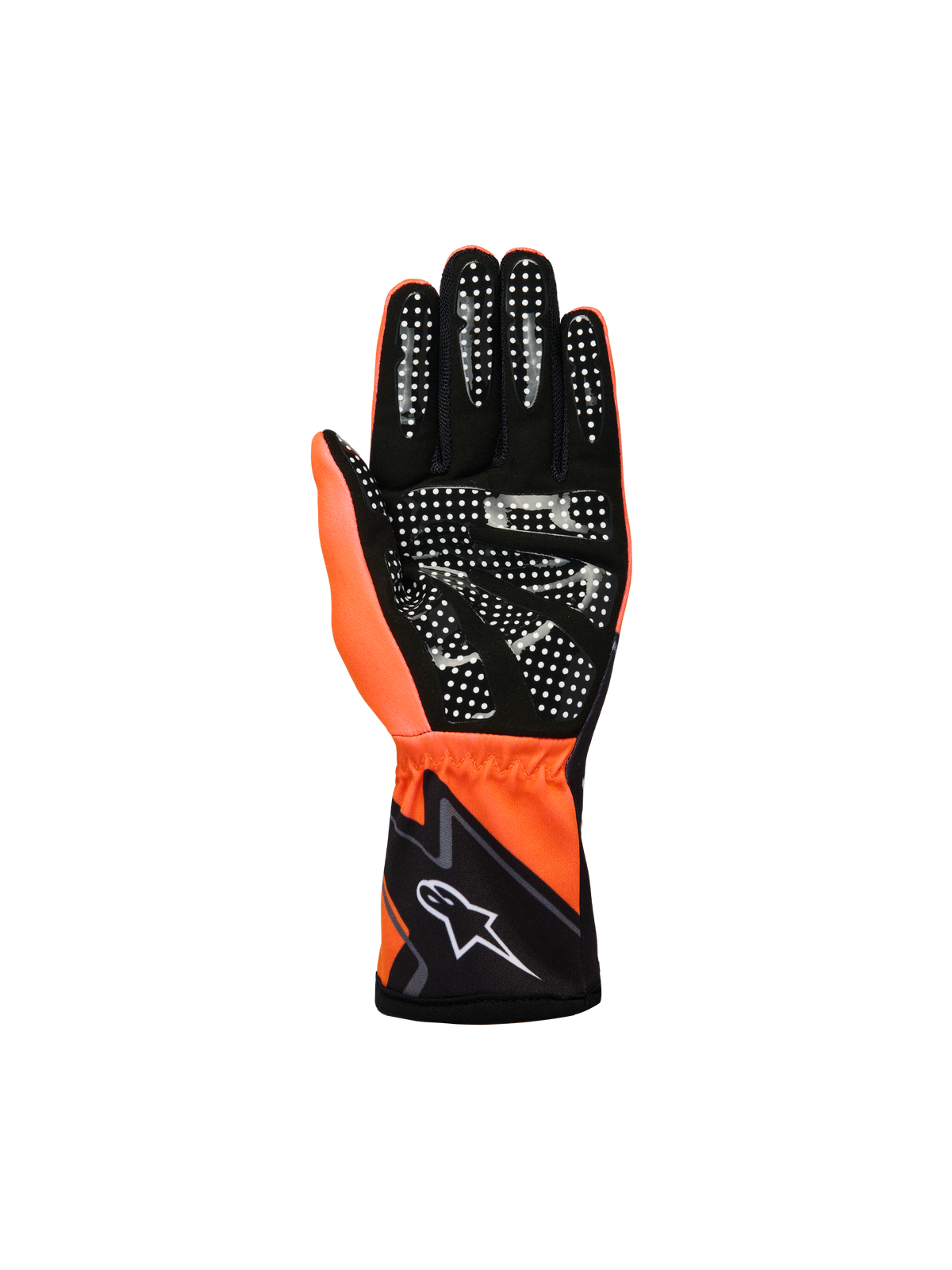 Alpinestars Youth Tech-1 K Race S V2 Graphic 1 Gloves, Karting Gloves, Orange Fluo Black and White, palm view featuring black synthetic suede with white silicone grip pattern, fluo orange thumb, and black cuff with white Alpinestars logo