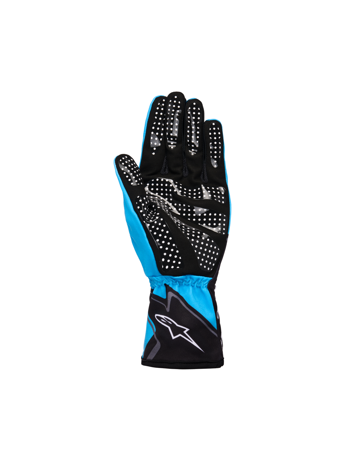 Alpinestars Youth Tech-1 K Race S V2 Graphic 1 Handschuhe, Cyan, Schwarz und Weiß, Ansicht der Handfläche mit weiß gepunktetem Silikon-Grip-Muster, leichte Textil- und Synthetik-Wildleder-Konstruktion mit Alpinestars-Logo auf der elastischen Manschette