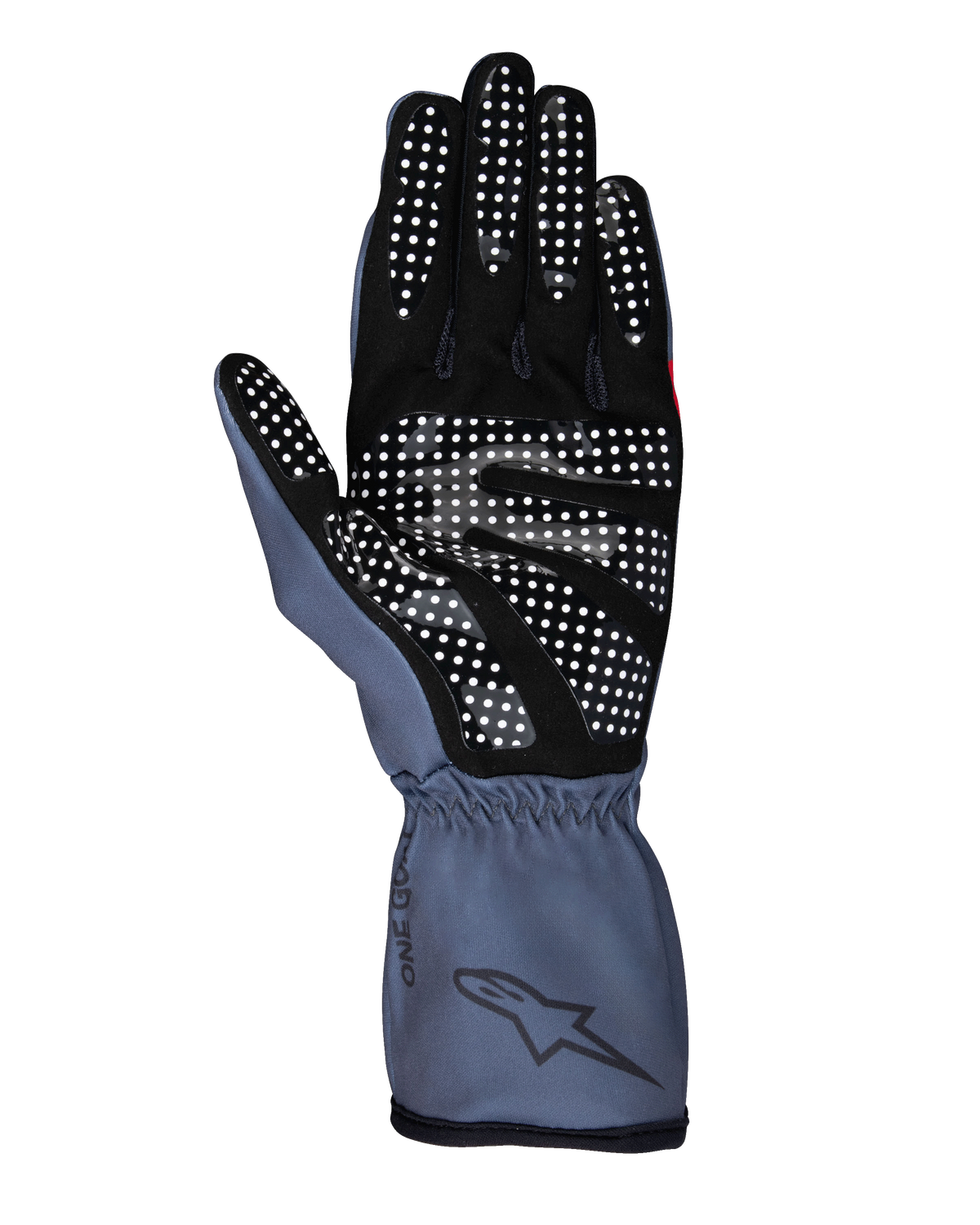 Alpinestars Tech-1 K Race V2 Pure Gloves, Karting Gloves, Asphalt and Black, palm side view showing white silicone grip pattern, ergonomic design with gauntlet cuff and Alpinestars branding