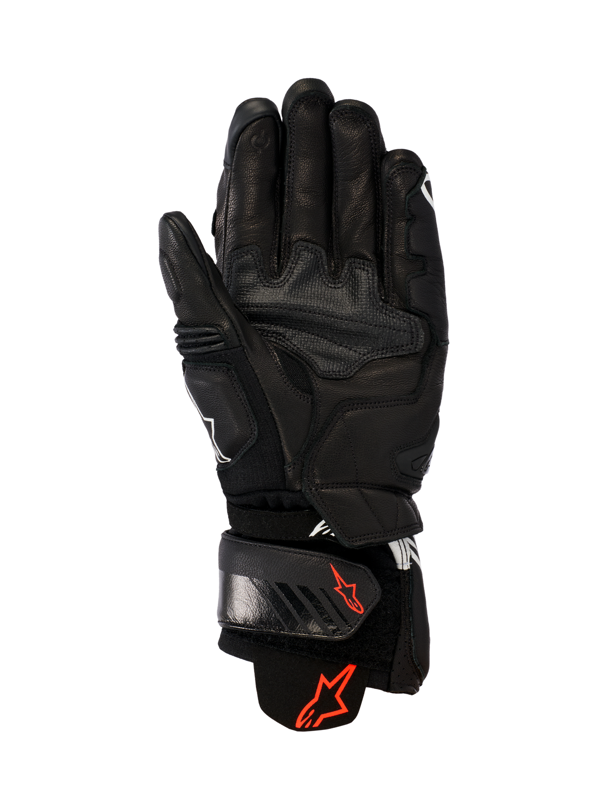 Alpinestars GP Plus R V3 Lederhandschuhe, Schwarz, Handflächenansicht mit strapazierfähiger Lederkonstruktion, rote Astars-Logos auf dem Handgelenksriemen und der Manschette, verstärkte Griffeinsätze und verstellbarer Verschluss für Renn- und Sport-Performance.