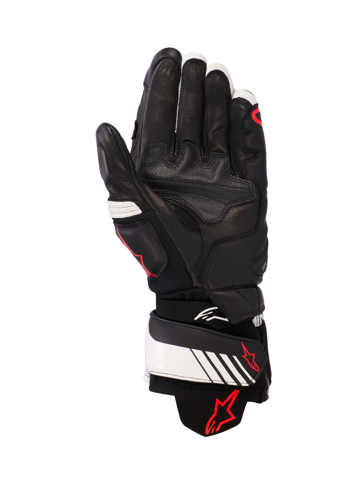 Alpinestars GP Plus R v3 Lederhandschuhe, Schwarz, Weiß und Rot Fluo, Handflächenansicht mit Vollleder-Konstruktion und verstärkter Polsterung, weißer Handgelenksriemen mit rotem Alpinestars-Logo, rennsportinspirierte Schutzausrüstung für Motorradfahrer