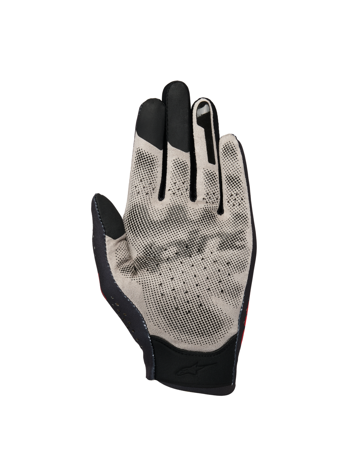 Alpinestars Sim Gloves Graphic 1, SIM-Rennhandschuhe, Handflächenansicht in Hellgrau und Schwarz, mit Nanofront-Gewebe, strukturiertem 3D-Grip-Muster, Touchscreen-kompatiblen Fingerspitzen und atmungsaktivem, perforiertem Design.