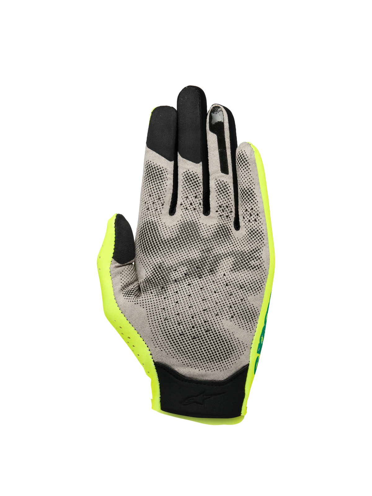 Alpinestars Sim Gloves Graphic 1, SIM-Racing-Handschuhe, Safety Yellow, Schwarz und Türkis, Handflächenansicht mit grauem Nanofront®-Material, schwarzem 3D-Grip-Muster, Touchscreen-kompatiblen Fingerspitzen und leichter Textilkonstruktion