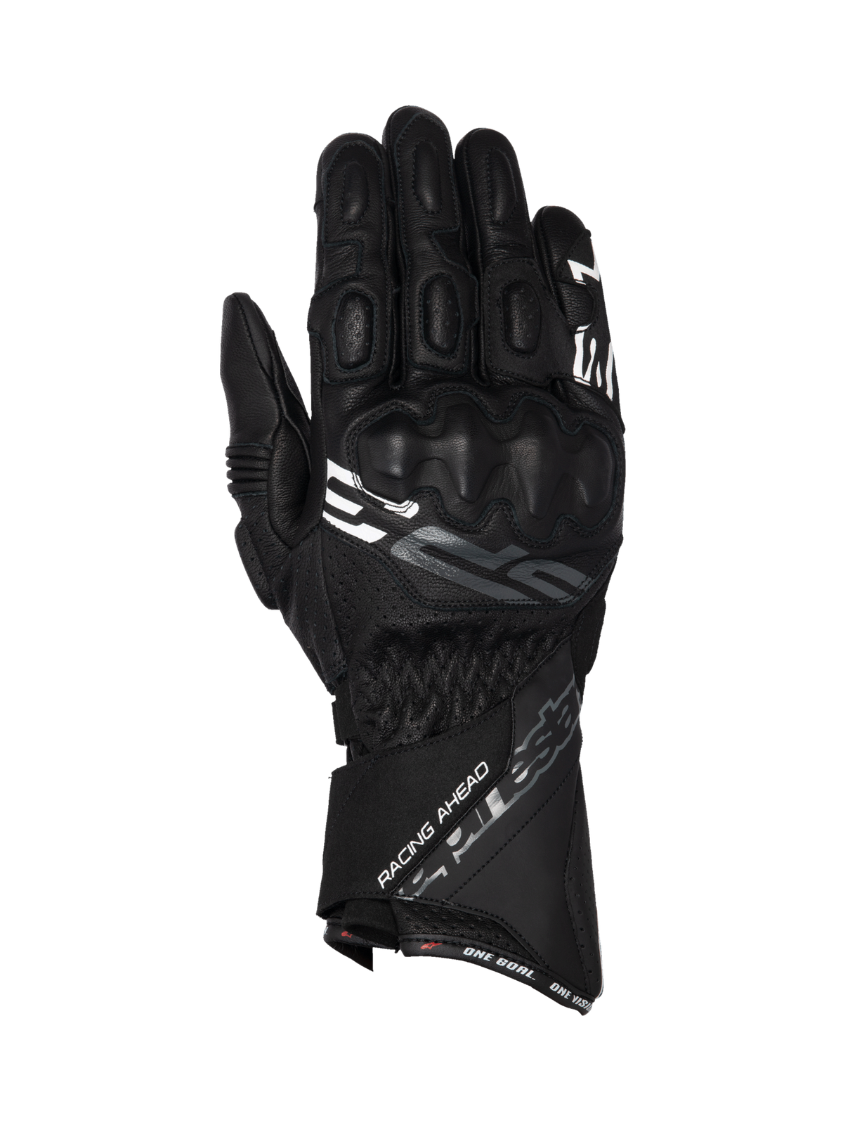 Alpinestars SP-3 Handschuhe, schwarze Motorrad-Rennhandschuhe aus Leder mit langem Schaft und integriertem Knöchelschutz.