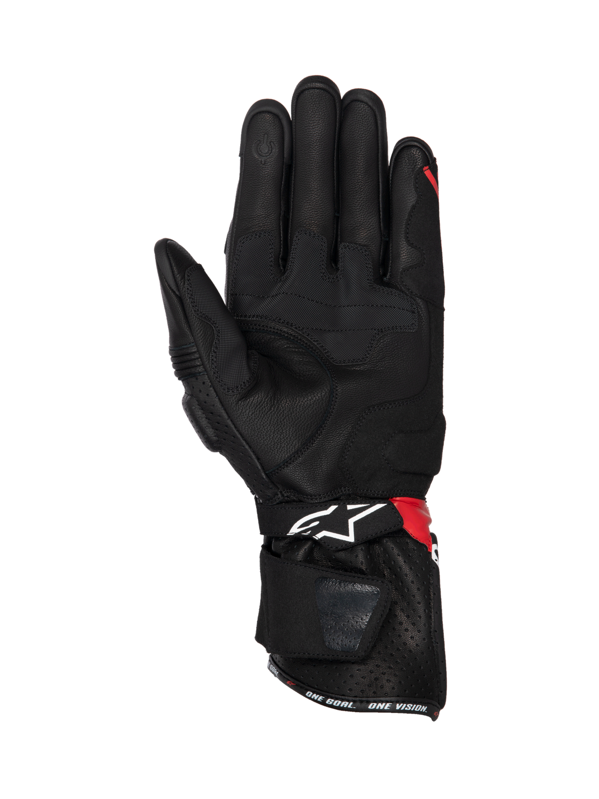 Alpinestars SP-3 Gloves, black leather motorcycle racing gloves with red and white accents, featuring palm grip inserts.