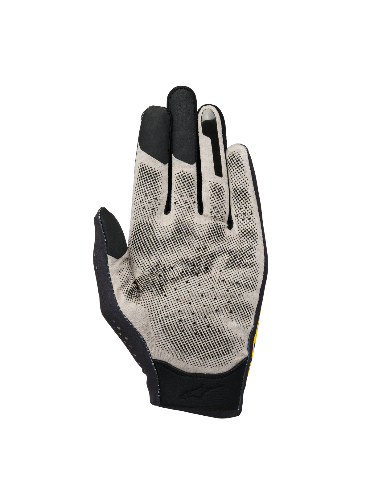 Alpinestars Sim Gloves Graphic 3, SIM Racing Gloves, palm view showing light grey Nanofront® fabric with black 3D dotted grip pattern, touchscreen-compatible fingertips, and breathable perforated construction for virtual racing.