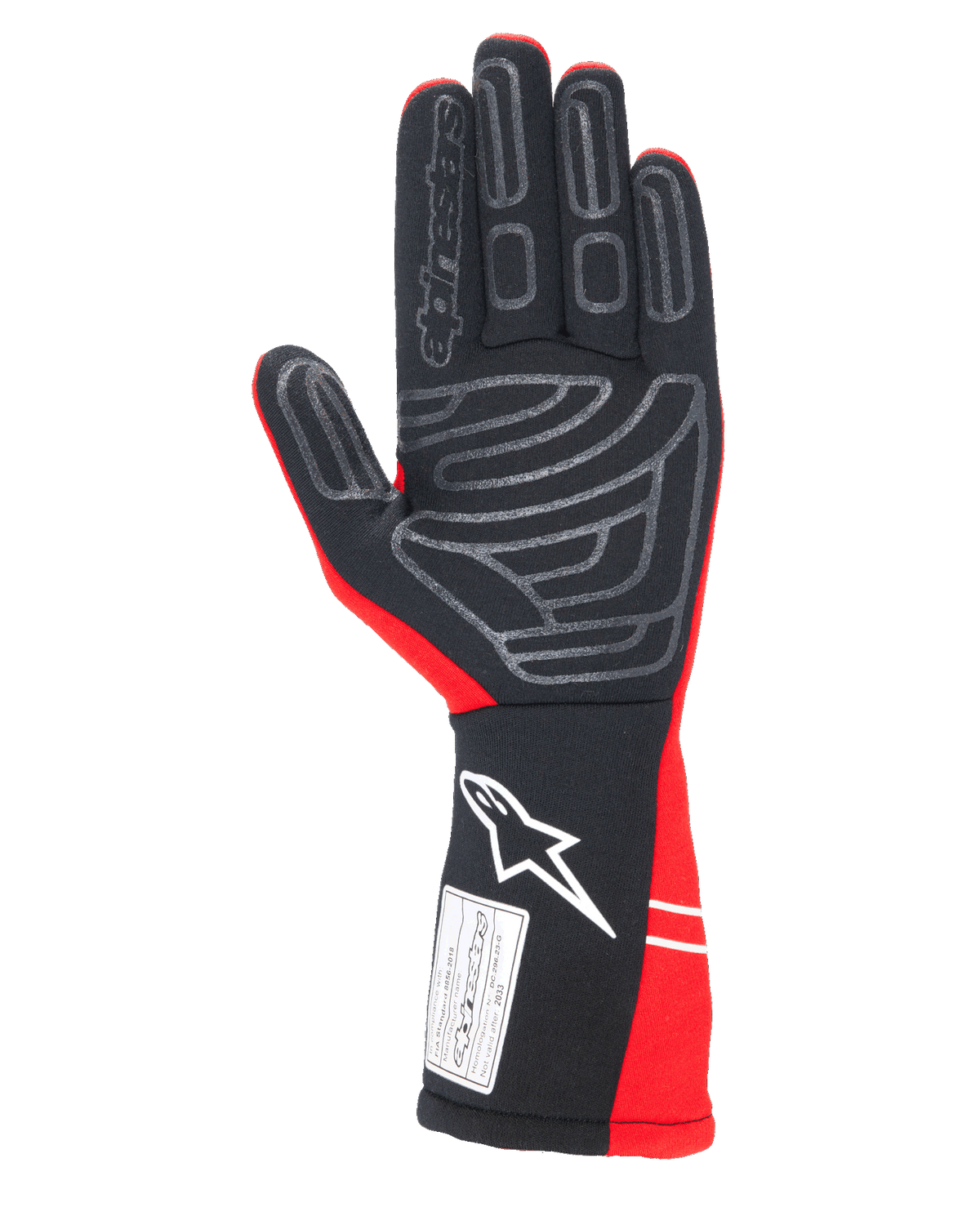Alpinestars Tech-1 Start V4 Handschuhe FIA, Auto-Rennhandschuhe, Rot und Schwarz, Handflächenansicht mit grauen Silikon-Gripmustern, weißes Alpinestars-Logo auf der verlängerten Manschette, FIA 8856-2018 Zertifizierungsetikett
