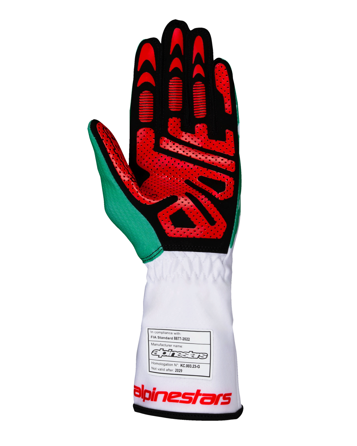 Alpinestars Tech-1 K V3 Handschuhe, Karting-Handschuhe, Weiß, Grün und Rot, Handflächenansicht mit schwarzem synthetischem Wildleder und roten Silikon-Griffflächen, grüner Daumenakzent, weiße lange Stulpe mit FIA-Homologationsetikett und rotem Branding, professionelle Rennausrüstung