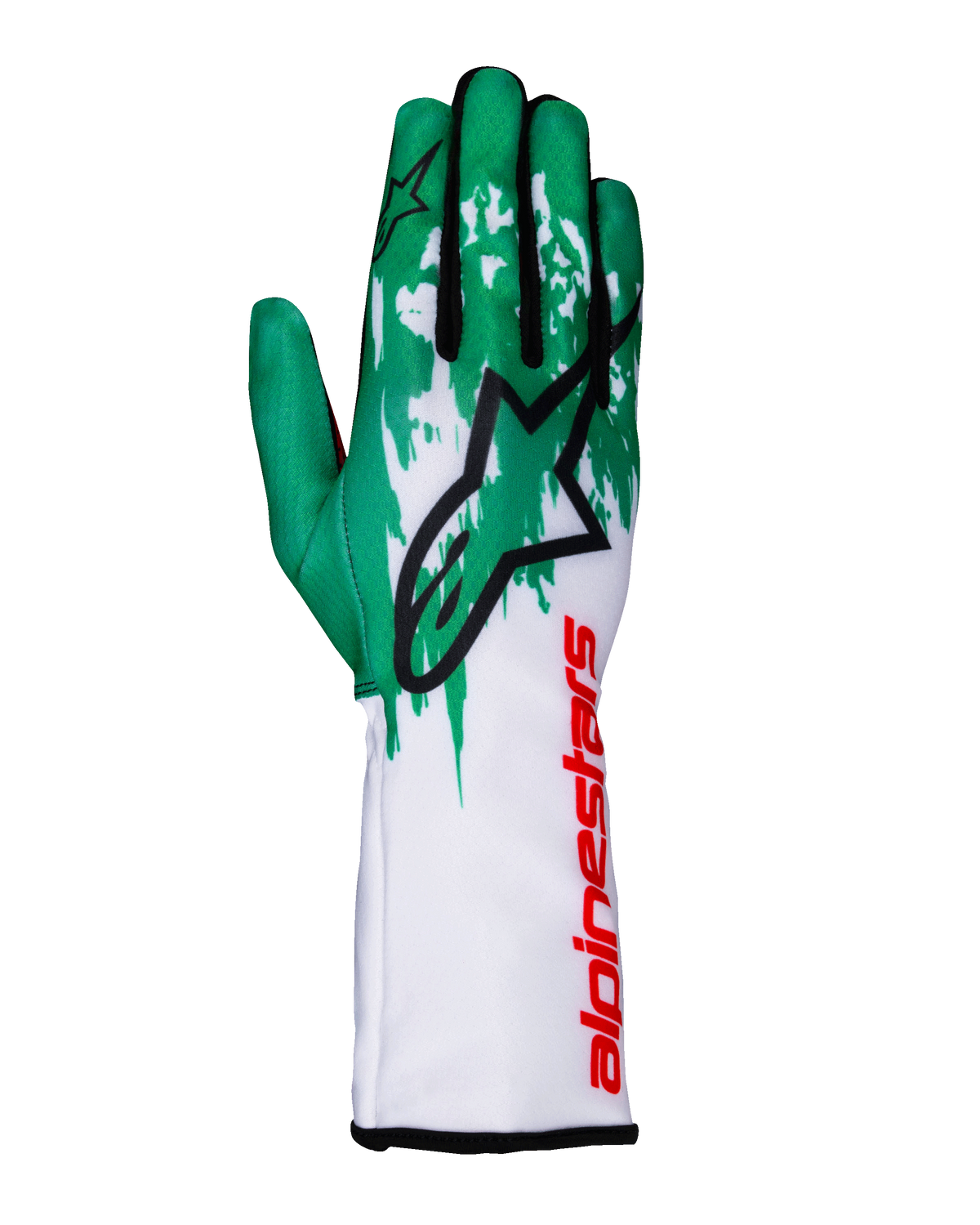 Alpinestars Tech-1 K V3 Handschuhe, Karting-Handschuhe, Weiß, Grün und Rot, großes schwarzes Stern-Logo auf dem Handrücken, vertikaler roter Alpinestars-Schriftzug auf der Stulpe, grün-weißes Grafikmuster auf den Fingern, technische enganliegende Passform