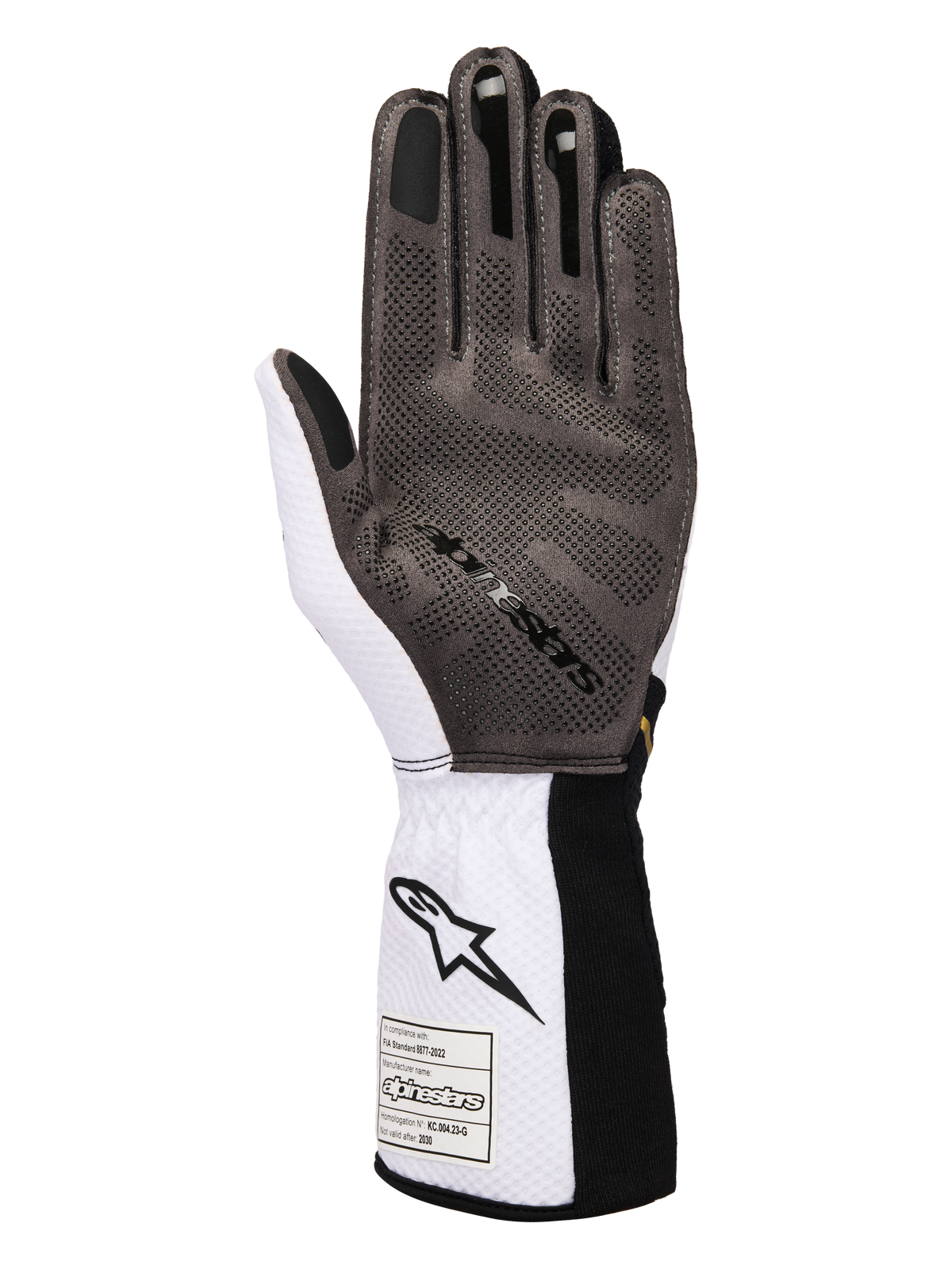 Alpinestars Tech-1 KX V4 Handschuhe, Kart-Handschuhe, Weiß, Schwarz und Gold, Innenhandansicht mit 3D-Silikon-Gripmuster, atmungsaktiver weißer Mesh-Konstruktion und FIA 8877-2022 Zertifizierungsetikett an der Manschette.