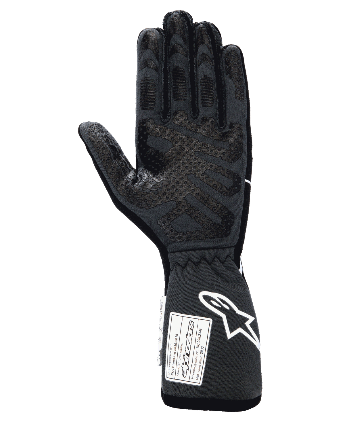 Alpinestars Tech-1 Race V4 Handschuhe, Professionelle Autorennhandschuhe, Schwarz Teergrau, Ansicht der Innenhand mit umfassenden Silikon-Gripmustern auf Fingern und Handfläche, verlängerte Stulpe mit weißem Alpinestars-Logo und FIA/SFI-Zertifizierungsetiketten
