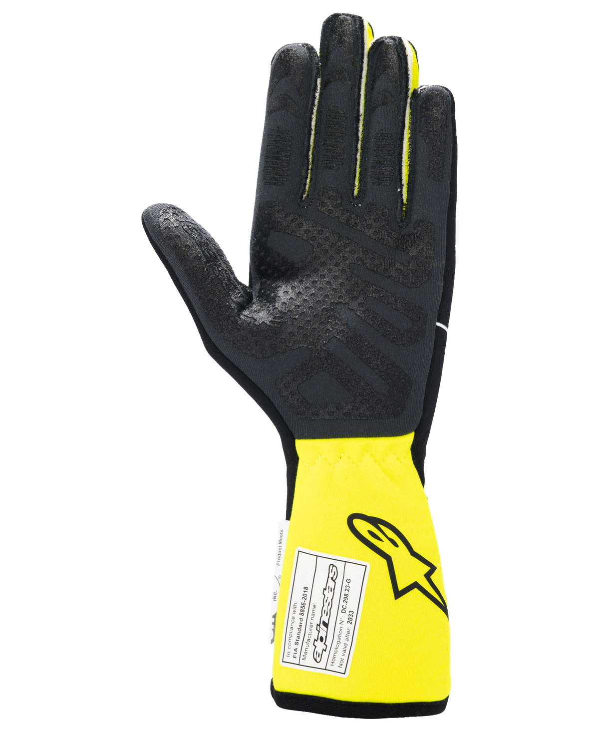 Alpinestars Tech-1 Race V4 Handschuhe, Auto-Rennsport-Handschuhe, Schwarz und Gelb Fluo, Innenhandansicht mit strukturierter Silikon-Grip-Fläche, verlängerte gelbe Stulpe mit FIA-Zertifizierungsetikett, Hochleistungs-Motorsportausrüstung