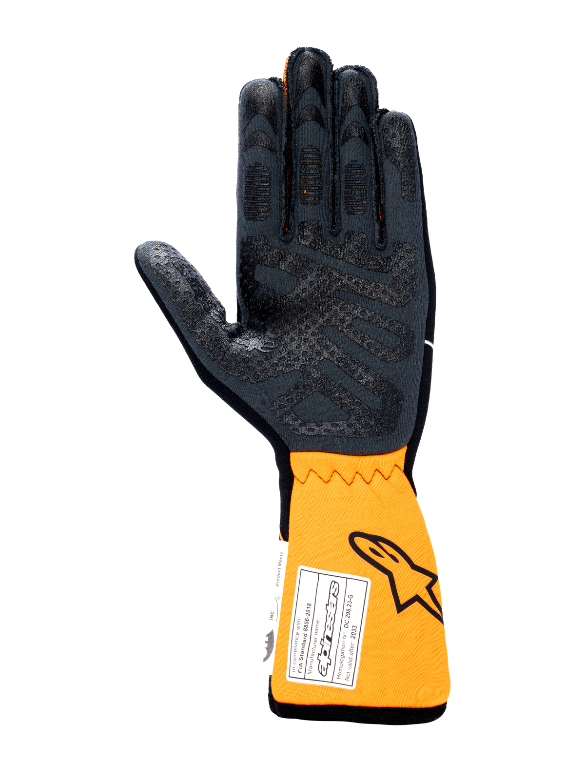 Alpinestars Tech-1 Race V4 Gloves, Auto Racing Gloves, Palm view in Black and Orange Fluo, featuring silicone grip pattern on the palm and fingers, extended orange cuff with FIA homologation label and Astars logo