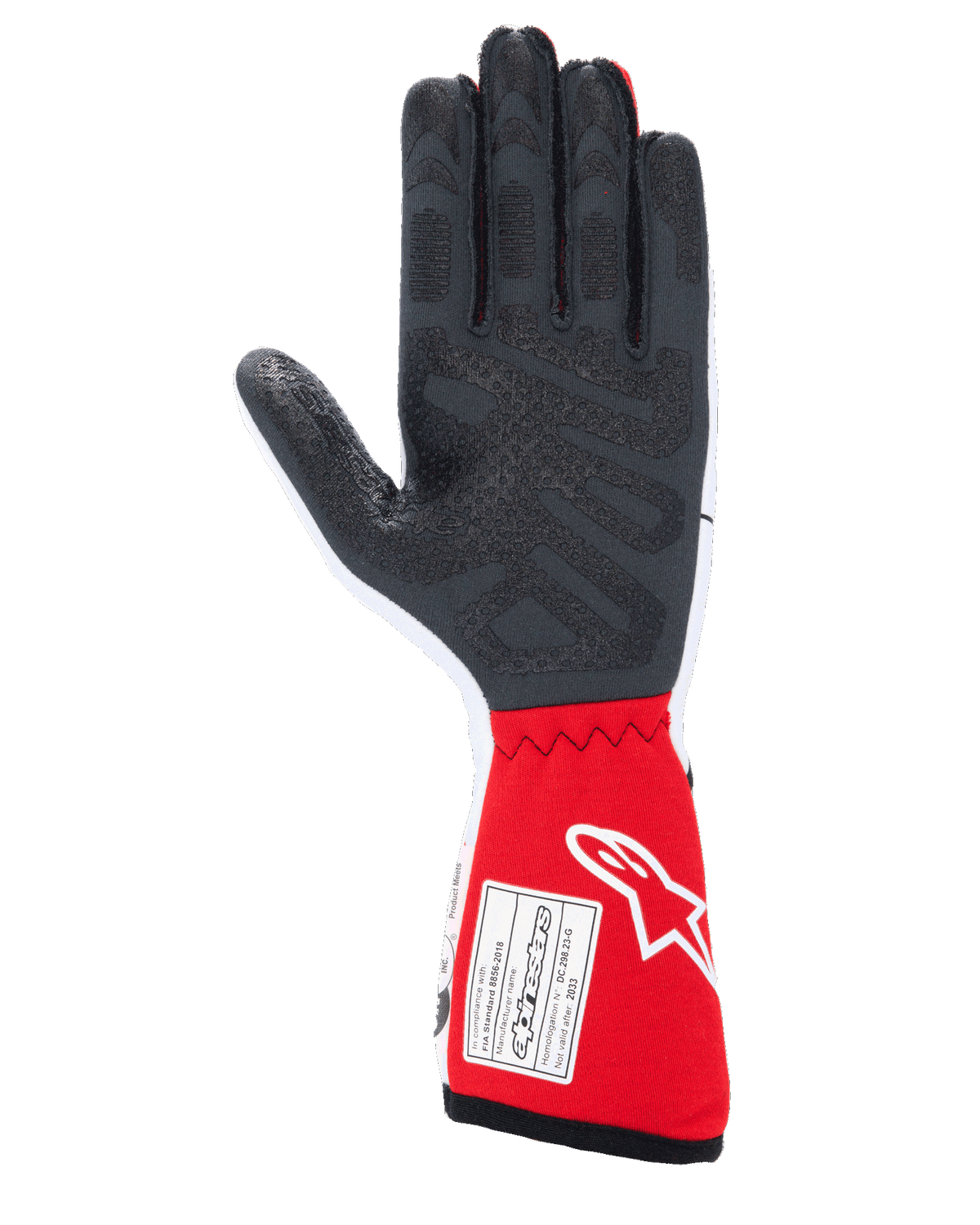 Alpinestars Tech-1 Race V4 Handschuhe, Auto-Rennhandschuhe, Weiß und Rot, Handflächenansicht mit strukturierten schwarzen Silikon-Grip-Mustern und FIA 8856-2018 Zertifizierungsetikett auf der roten Stulpe, professionelle Motorsportausrüstung