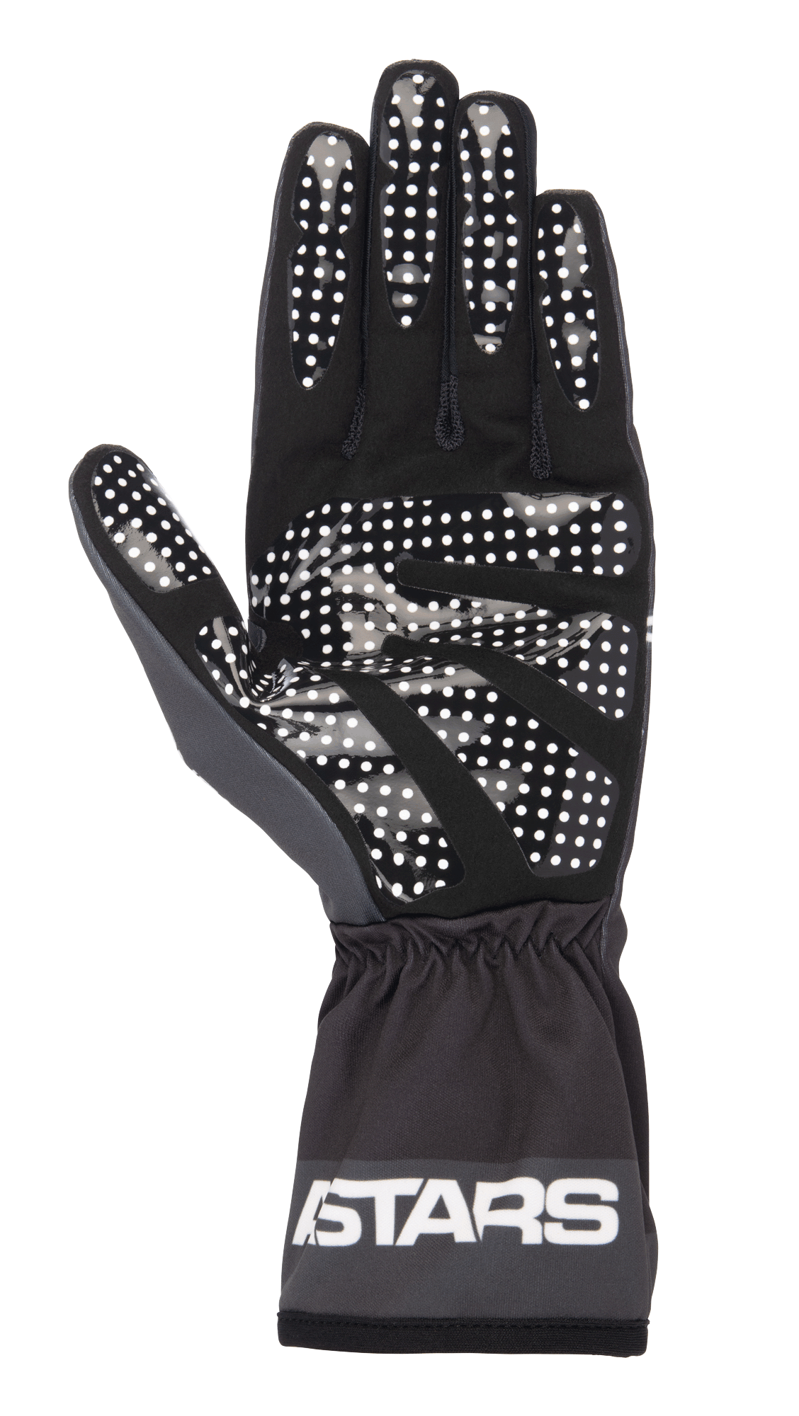 Alpinestars Tech-1 K Race V2 One Vision Handschuhe, Schwarz und Tar-Grau, Handflächenansicht mit weißem Silikon-Punkt-Grip-Muster, elastische Manschette mit ASTARS-Logo, leichte Kart-Ausrüstung