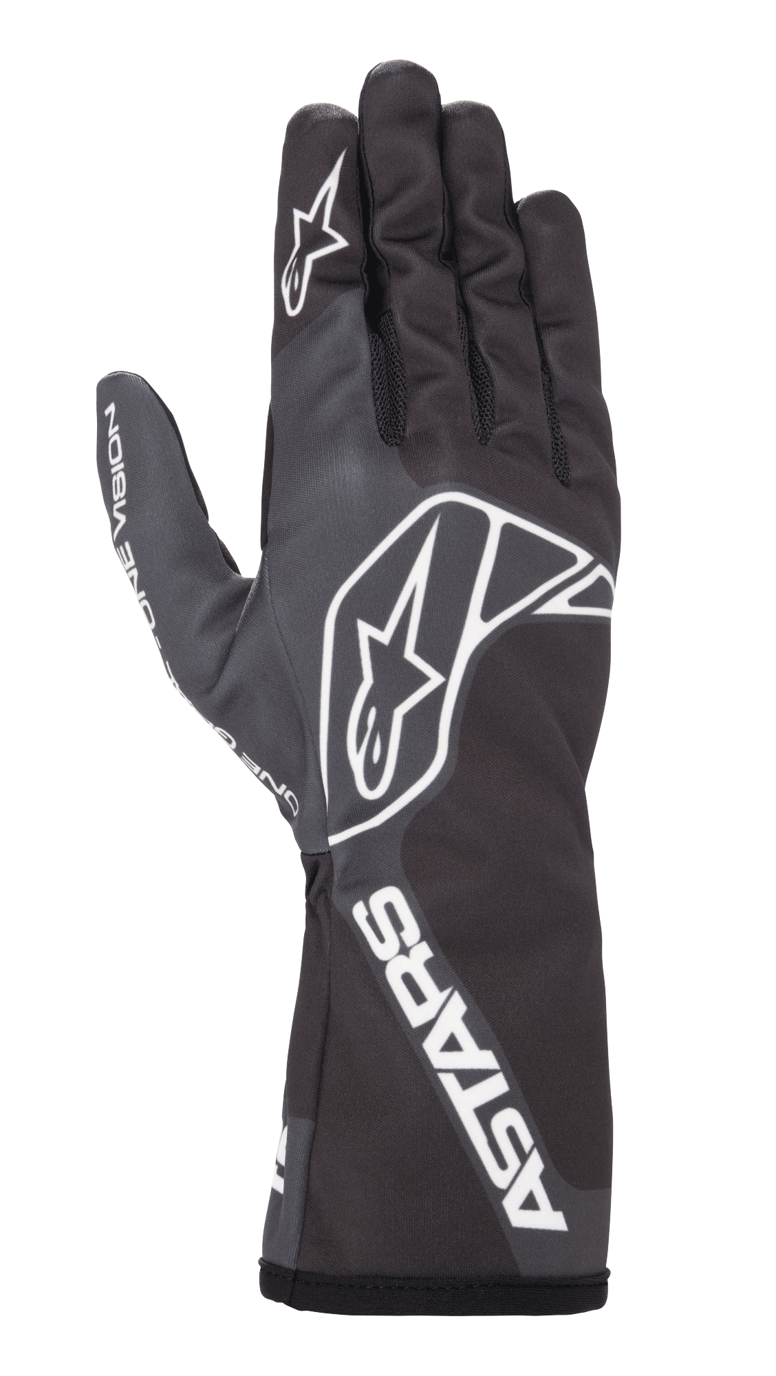 Alpinestars Tech-1 K Race V2 One Vision Handschuhe, Karting-Rennhandschuhe, Schwarz und Tar-Grau, mit weißem Stern-Logo auf dem Handrücken und Finger, ASTARS-Branding an der Stulpe, schlankes Design mit langer Stulpe